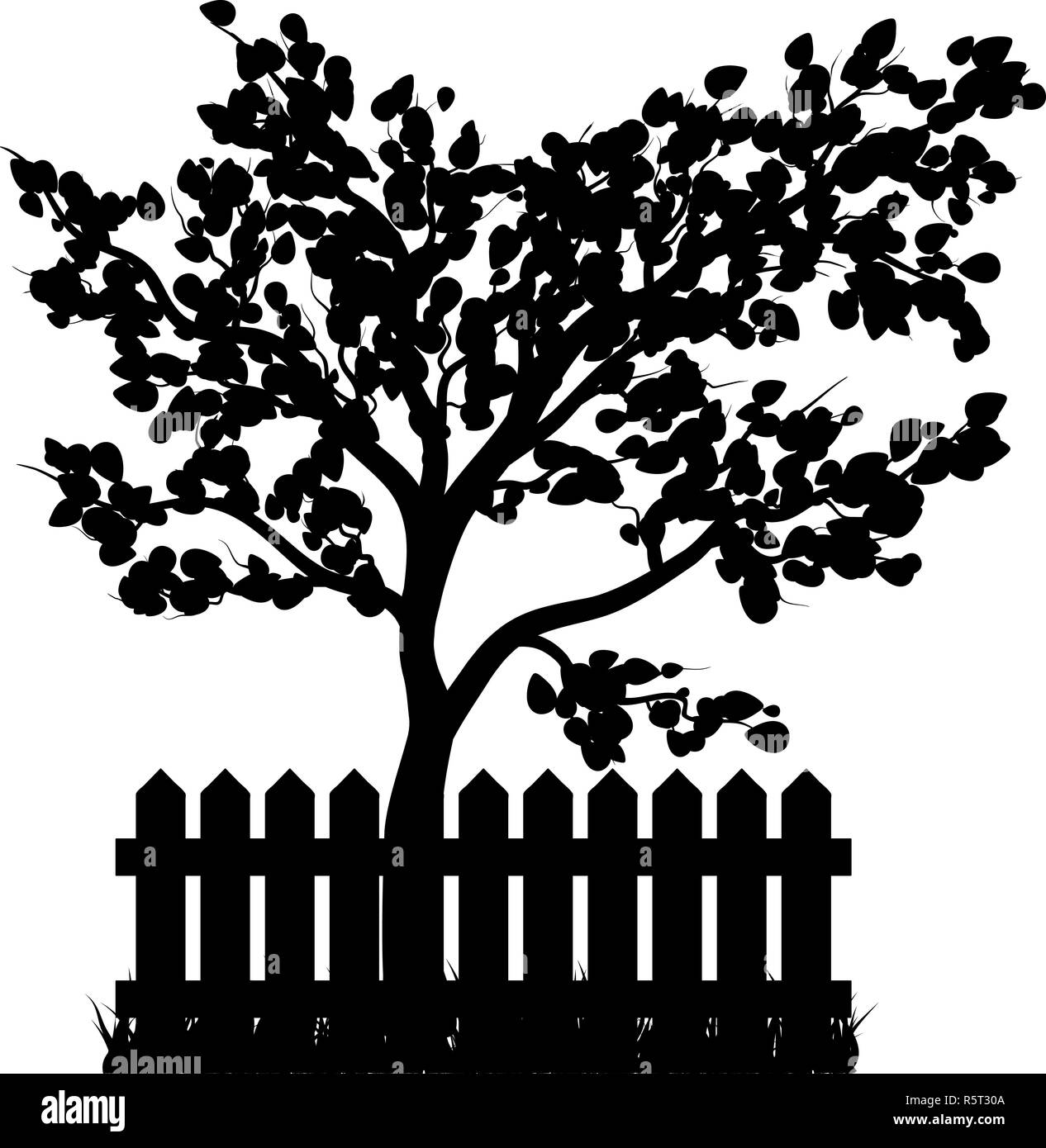 Staccionata in legno con erba e silhouette di albero vettore isolato icona simbolo di design. Foto Stock