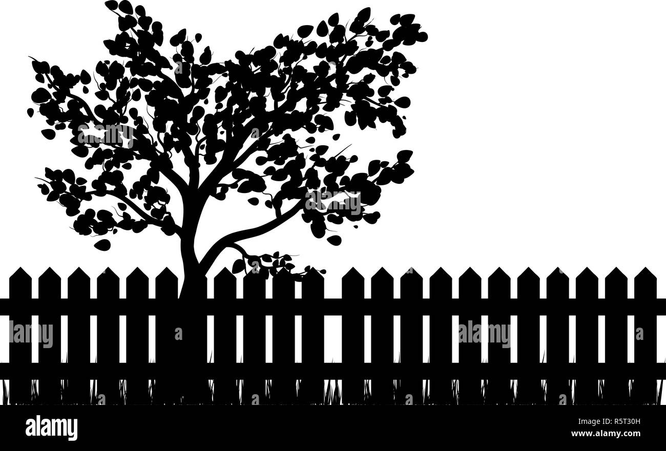 Staccionata in legno con erba e silhouette di albero vettore isolato icona simbolo di design. Foto Stock