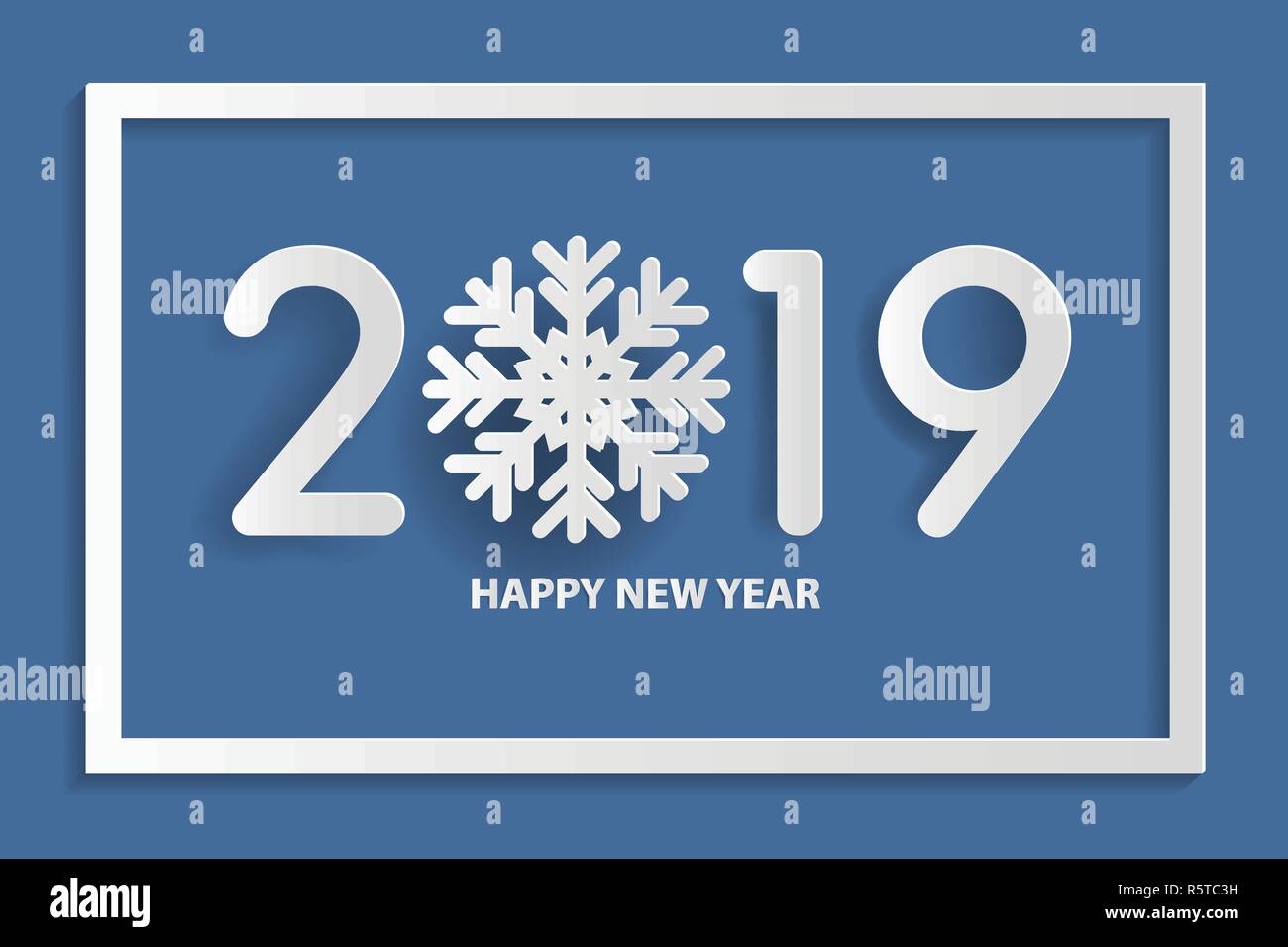 Felice anno nuovo 2019 design di testo con il simbolo del fiocco di neve. Carta stile d'arte. Illustrazione Vettoriale. Illustrazione Vettoriale