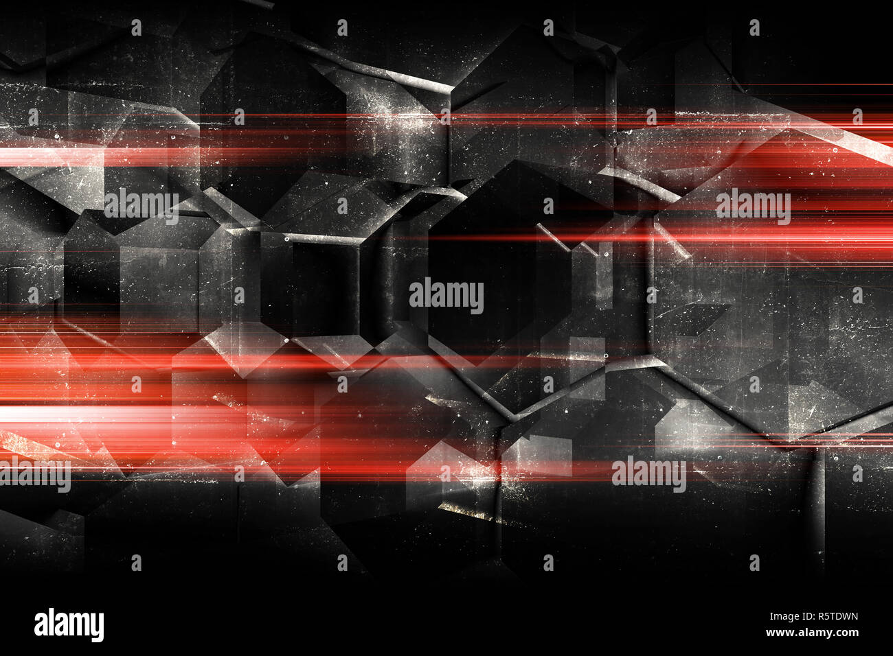 Abstract scuro dello sfondo digitale con calcestruzzo configurazione esagonale e luci rosse, multi effetto di esposizione, 3D Rendering immagine Foto Stock