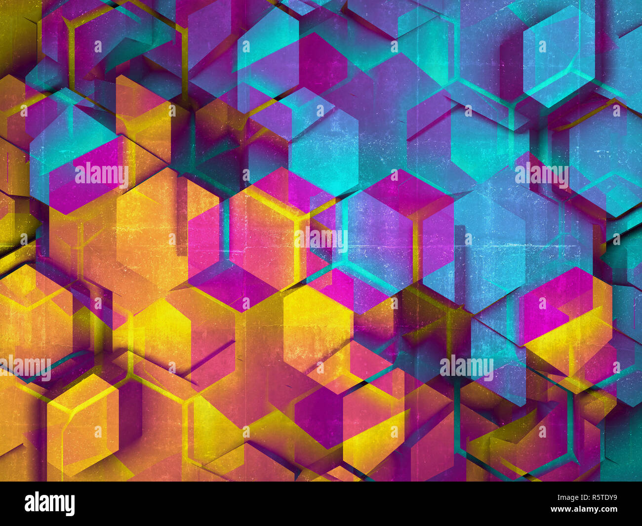 Abstract colorato sfondo digitale con configurazione esagonale, multi effetto di esposizione, 3d illustrazione Foto Stock