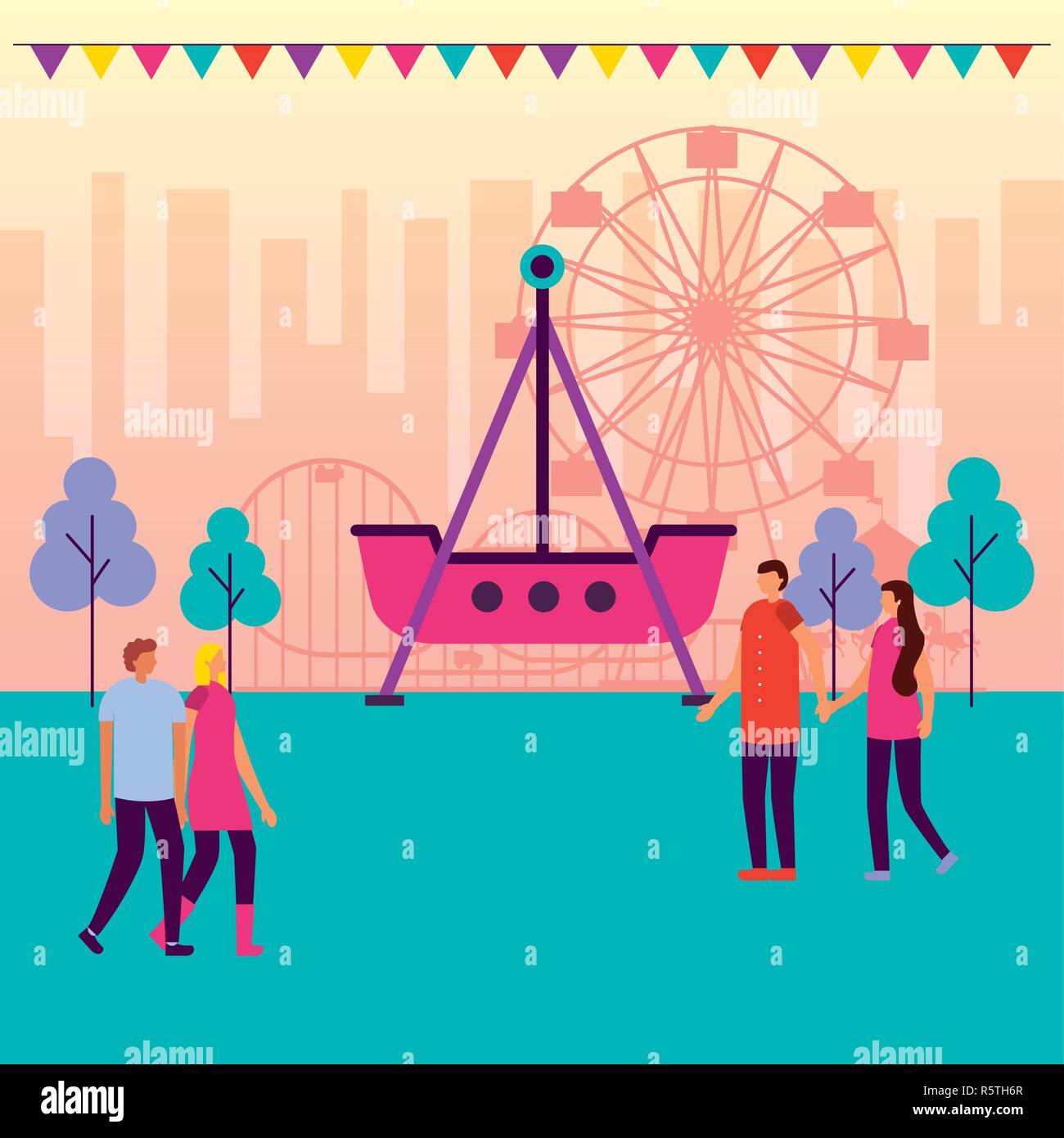 La gente fiera viaggio ruota panoramica Ferris roller coaster illustrazione vettoriale Illustrazione Vettoriale