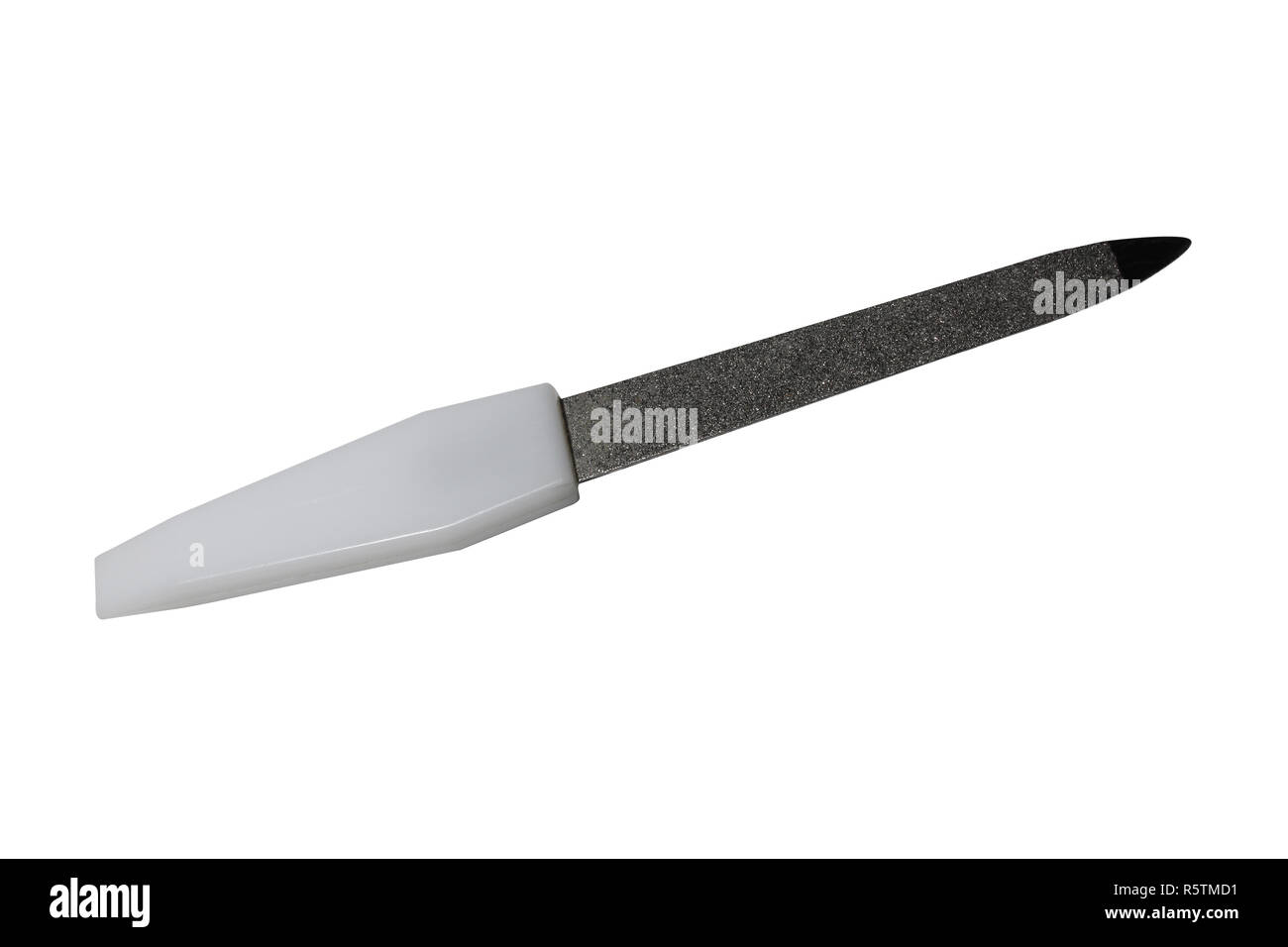 Lima per unghie con impugnatura bianco isolato su sfondo bianco. Manicure e pedicure attrezzo Foto Stock