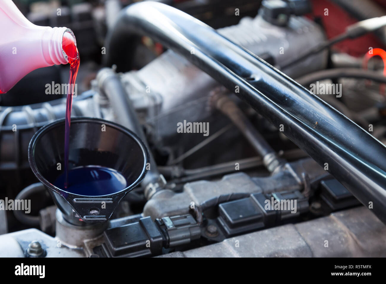 Versando olio al motore di una macchina come parte di un servizio Foto Stock