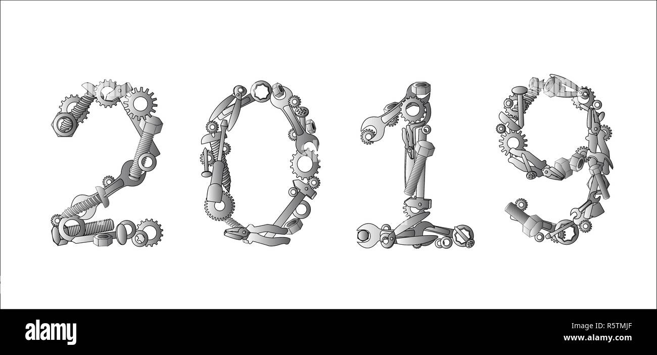 Valore numerico 2019 segno fatti a mano strumenti con sfondo bianco, Illustrazione Vettoriale