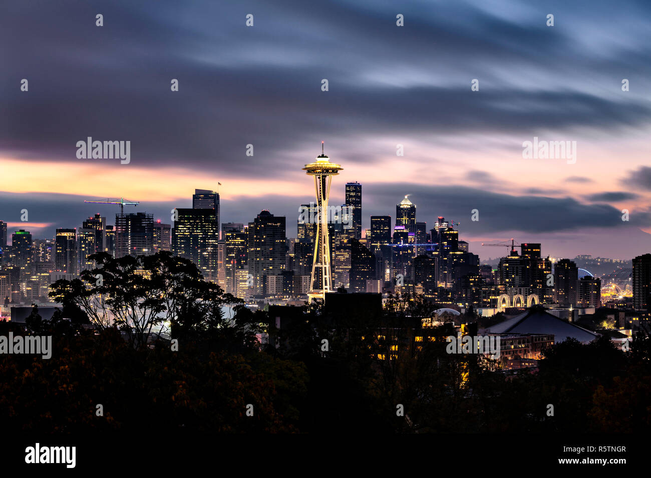 WA17024-00...WASHINGTON - Lo Space Needle e gli edifici di Seattle visto da Kerry Park sulla Regina Ann Hill. Foto Stock