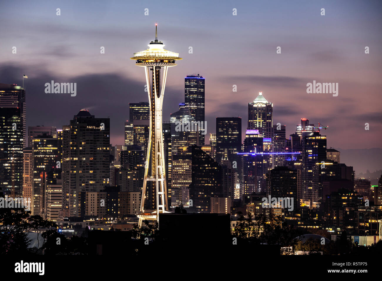WA17022-00...WASHINGTON - Lo Space Needle e gli edifici di Seattle visto da Kerry Park sulla Regina Ann Hill. Foto Stock