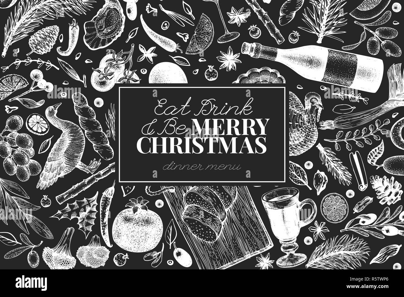 Felice Natale cena modello di progettazione. Vettore disegnati a mano illustrazioni. Il messaggio di saluto della scheda di Natale in stile retrò. Telaio con il raccolto, verdure, pasticceria, panetteria, carne Illustrazione Vettoriale