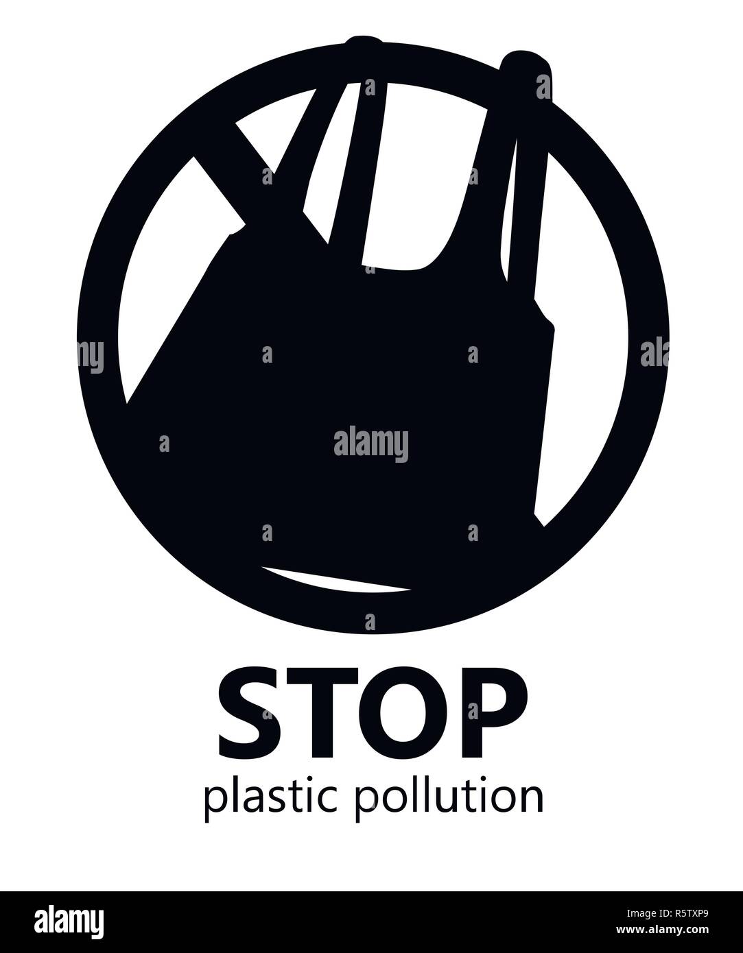 Silhouette nera. Arresto di inquinamento in plastica. N. di sacchetti di plastica simbolo. Salvataggio di ecologia logo. Appartamento illustrazione vettoriale su sfondo bianco. Illustrazione Vettoriale