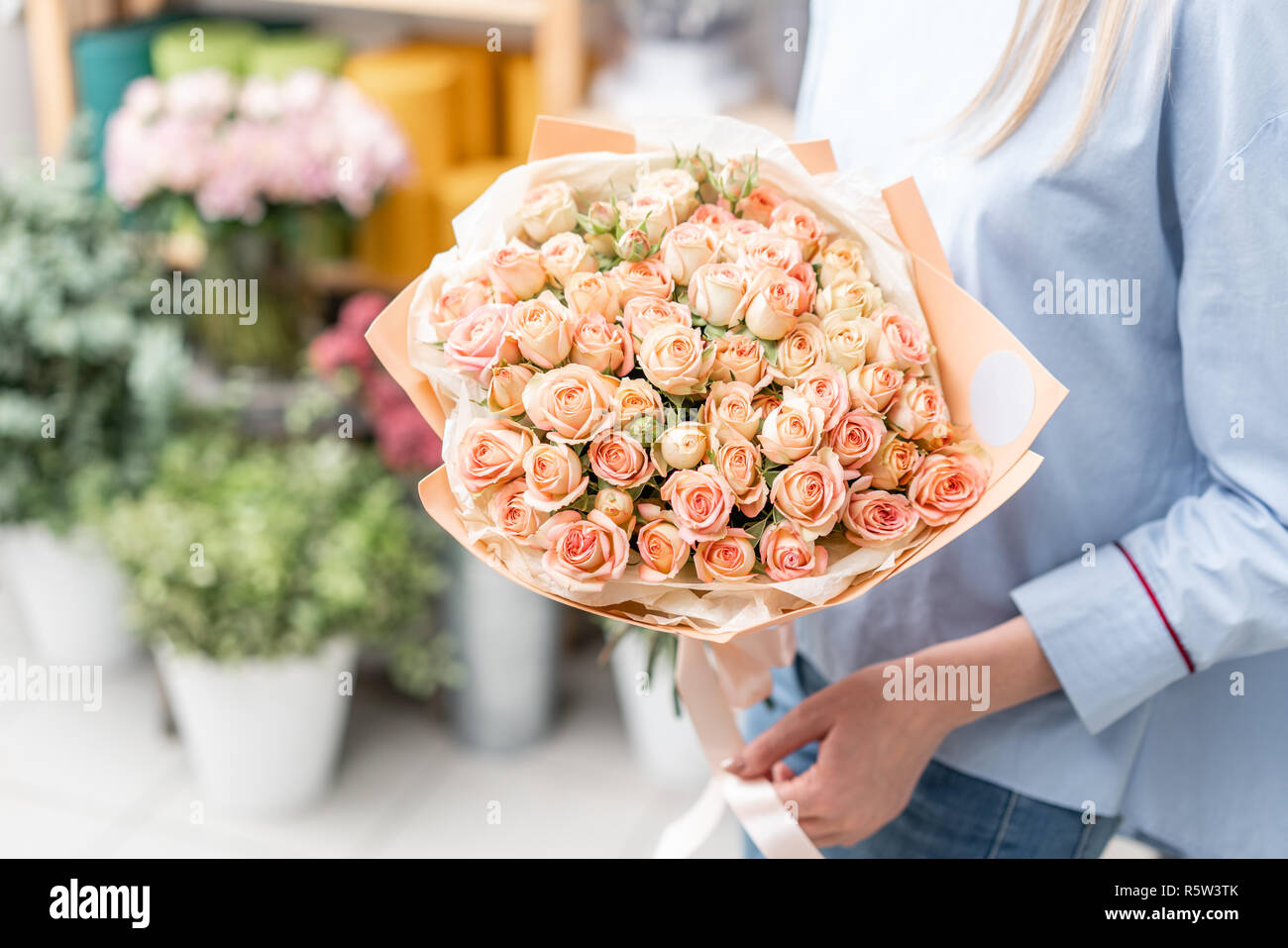 Bouquet nelle mani di una ragazza carina. giardino rosa rose spray. Foto Stock