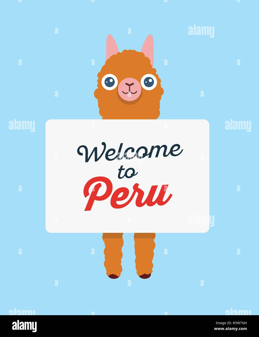 Alpaca lama azienda poster con invito, Benvenuti in Perù - Vettore illustrazione carino banner per turisti in Perù. Illustrazione Vettoriale