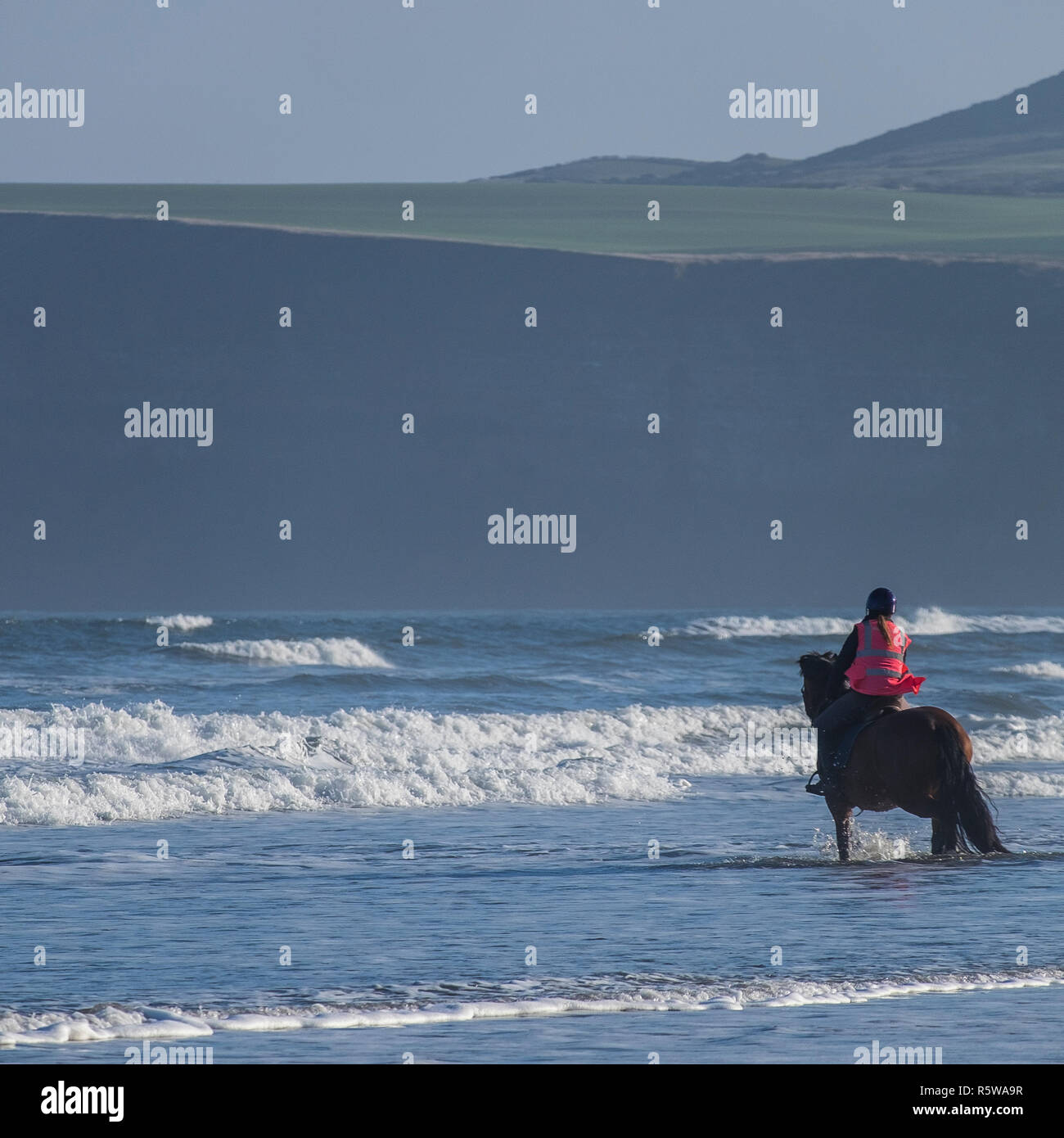 Per cavallo e cavaliere nel mare del Nord a Saltburn, Regno Unito Foto Stock