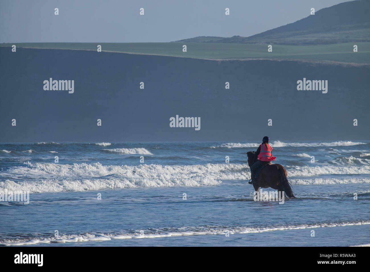 Per cavallo e cavaliere nel mare del Nord a Saltburn, Regno Unito Foto Stock