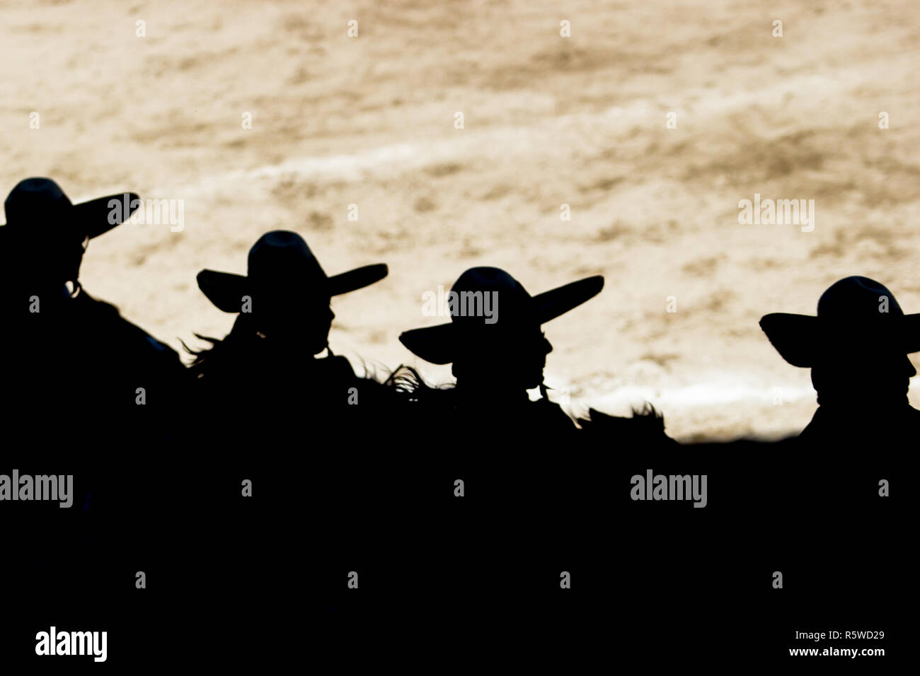 Una silhouette di quattro ragazze messicano indossa sombrero Foto Stock