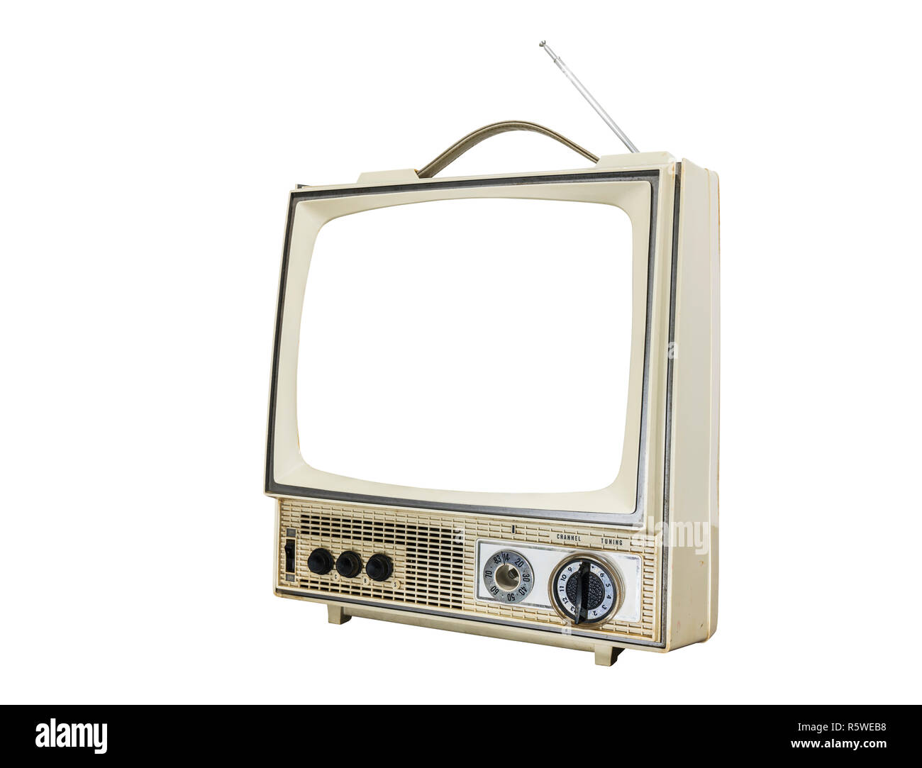 Indossato vintage televisore portatile isolato su bianco con taglio fuori schermo. Foto Stock