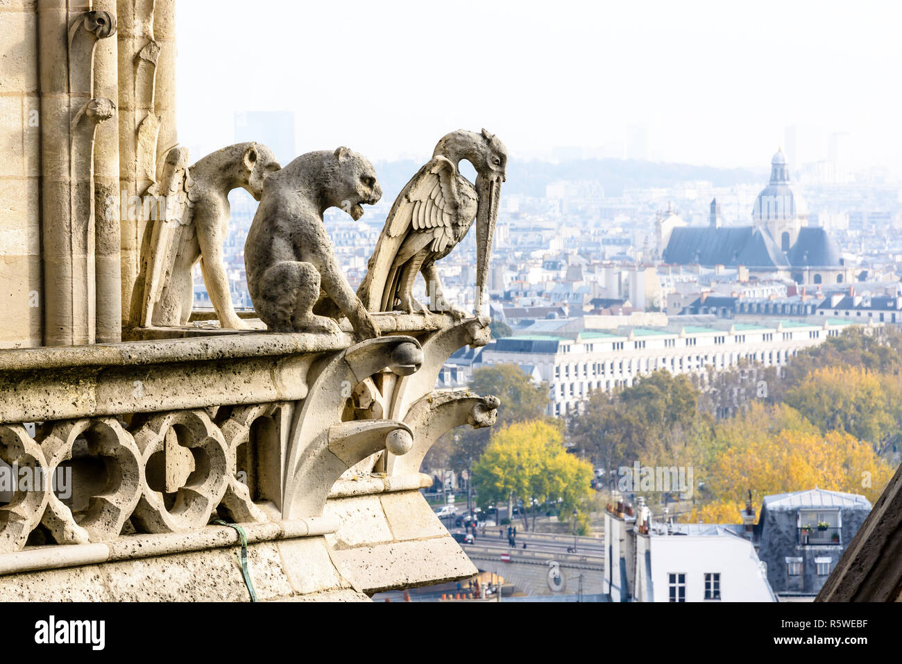 Tre statue di pietra di chimere sulle torri galleria di Notre Dame de Paris cathedral affacciato sulla città, con la chiesa di Saint-Paul-Saint-Louis Foto Stock