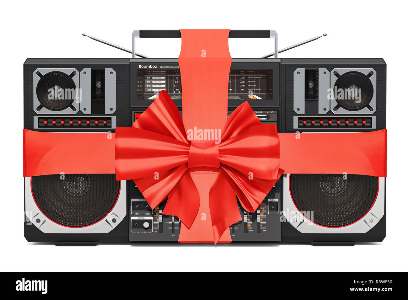 Boombox con fiocco e nastro, dono del concetto. 3D rendering isolati su sfondo bianco Foto Stock