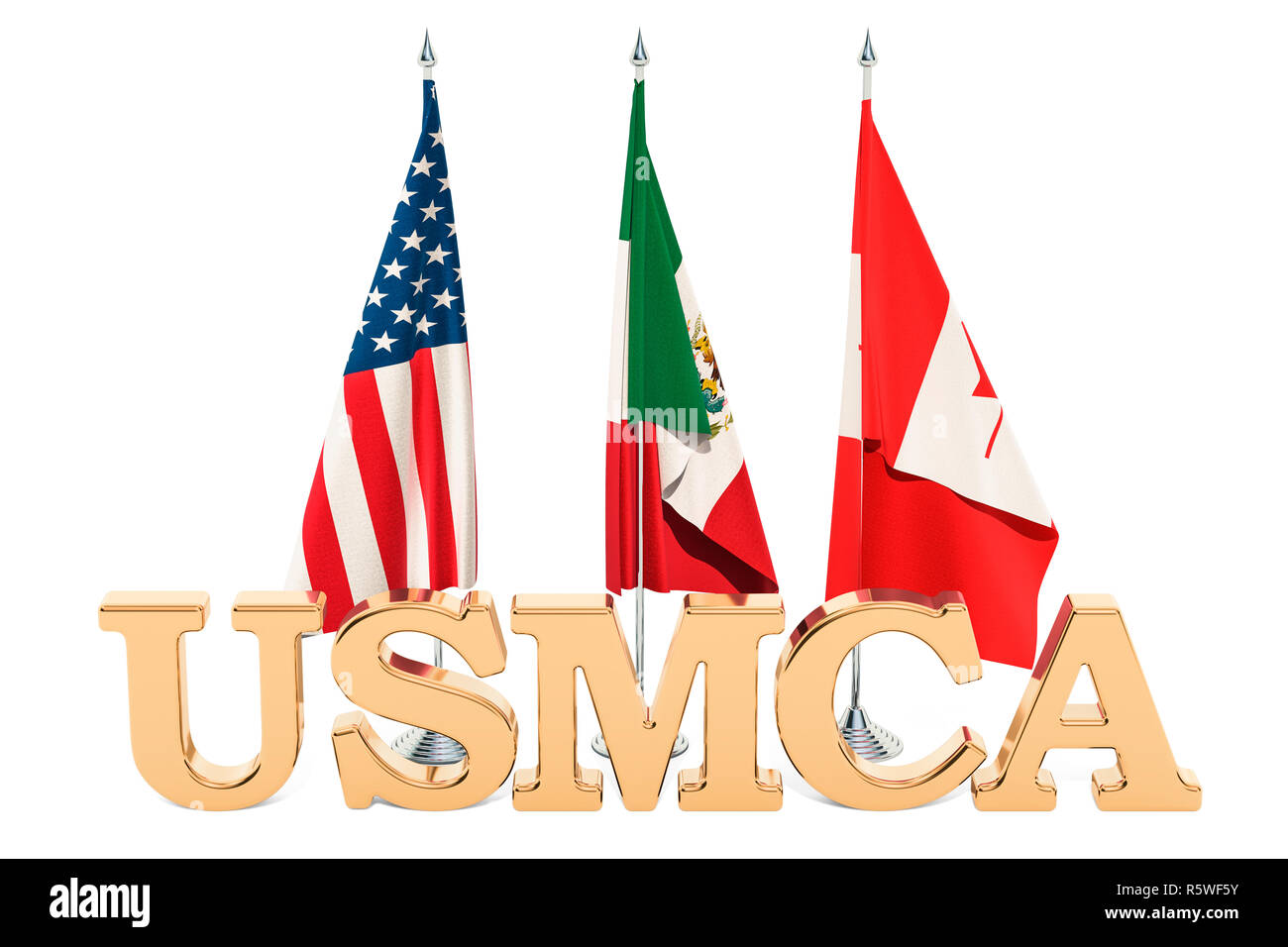 Bandiere di Stati Uniti, Messico e Canada, accordo USMCA concetto. Il rendering 3D Foto Stock