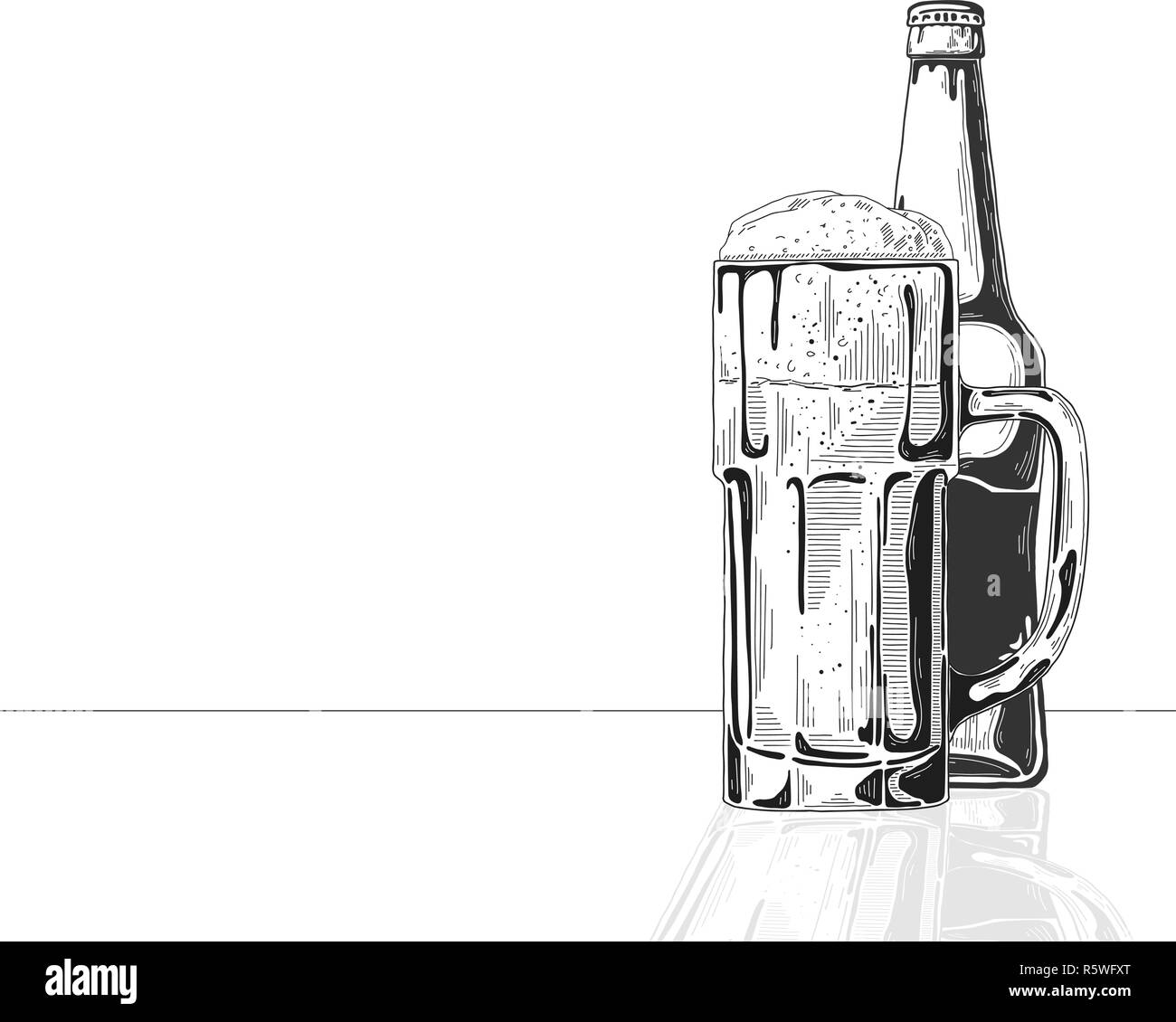 Bottiglia di birra. Vetro con birra. Illustrazione vettoriale di un disegno stile. Illustrazione Vettoriale
