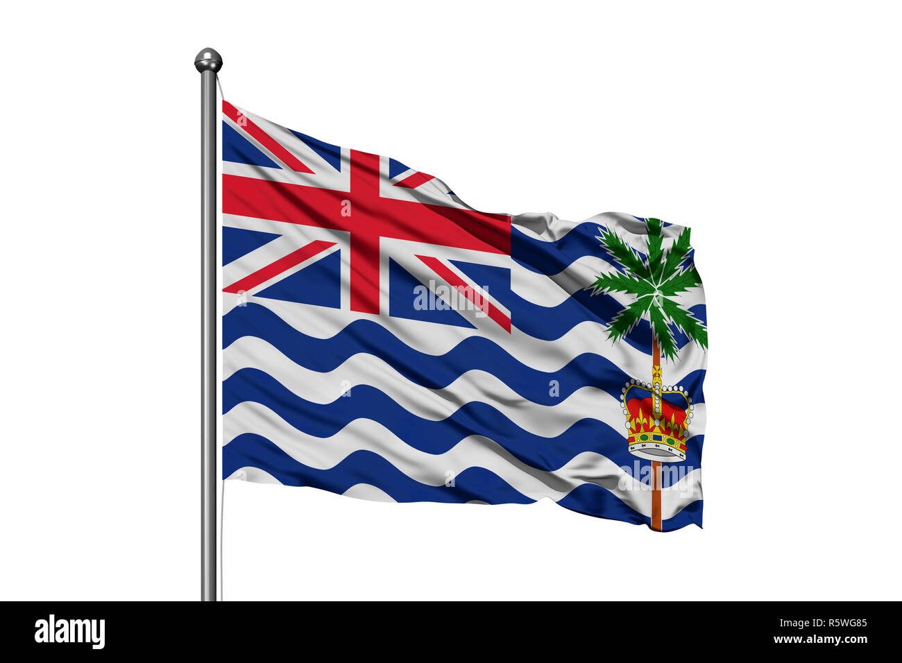 Bandiera del Territorio britannico dell'Oceano Indiano sventolare nel vento, isolato sullo sfondo bianco. Foto Stock