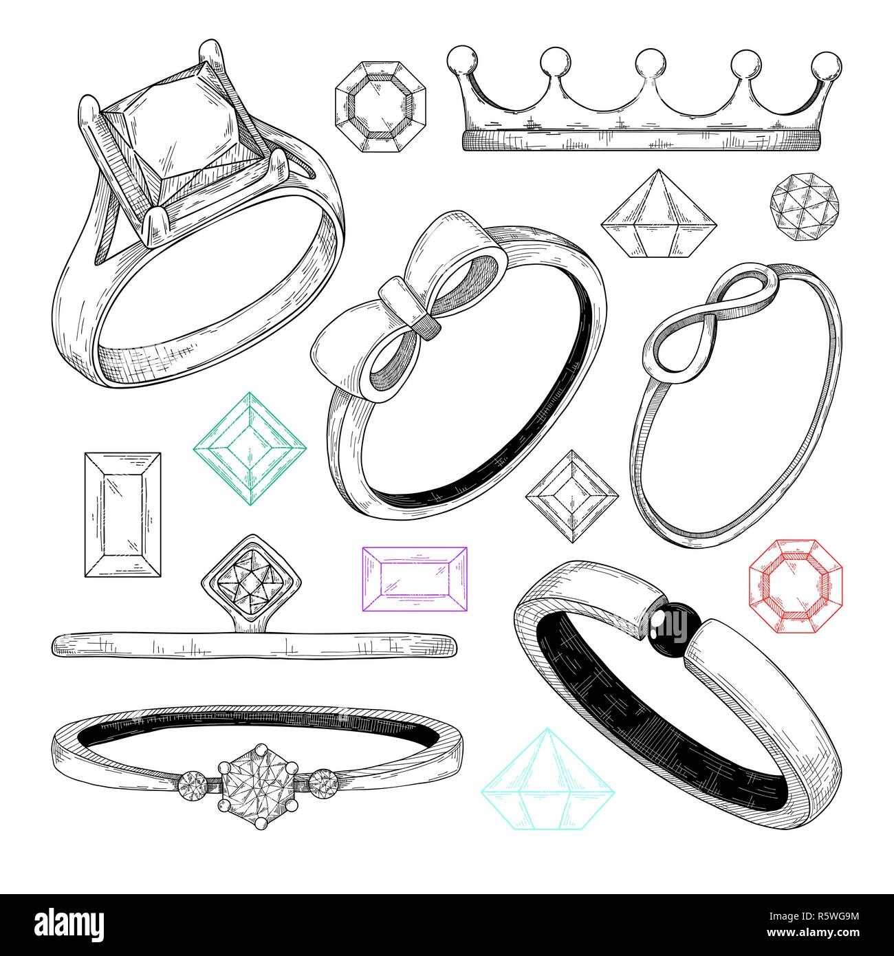 Disegnata a mano una serie di diversi anelli gioielli. Illustrazione  vettoriale di un disegno stile Immagine e Vettoriale - Alamy
