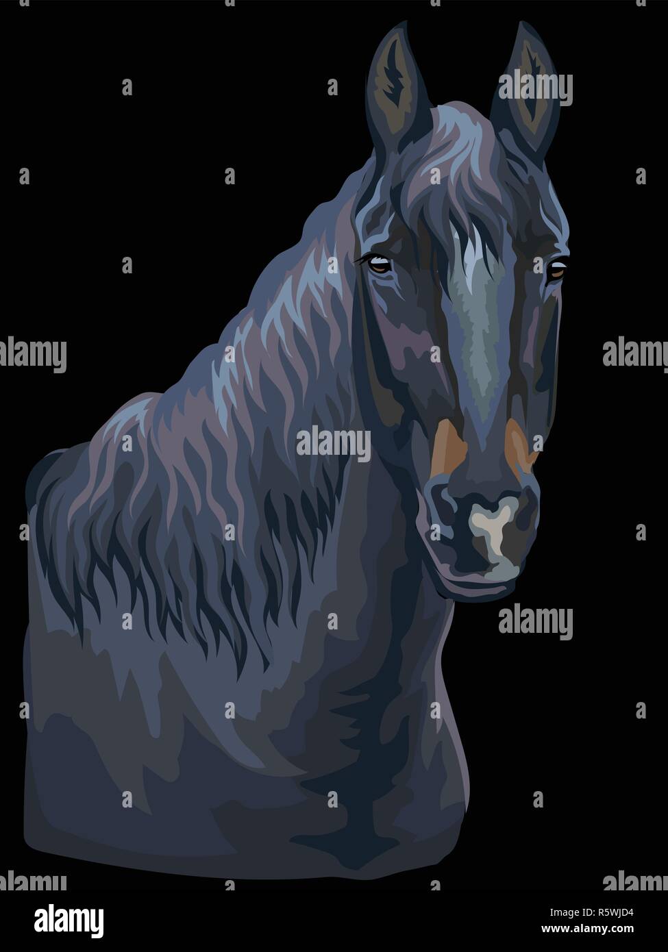 Ritratto colorato di nero cavallo. Testa di cavallo in profilo vettore isolato del disegno a mano immagine su sfondo nero Illustrazione Vettoriale
