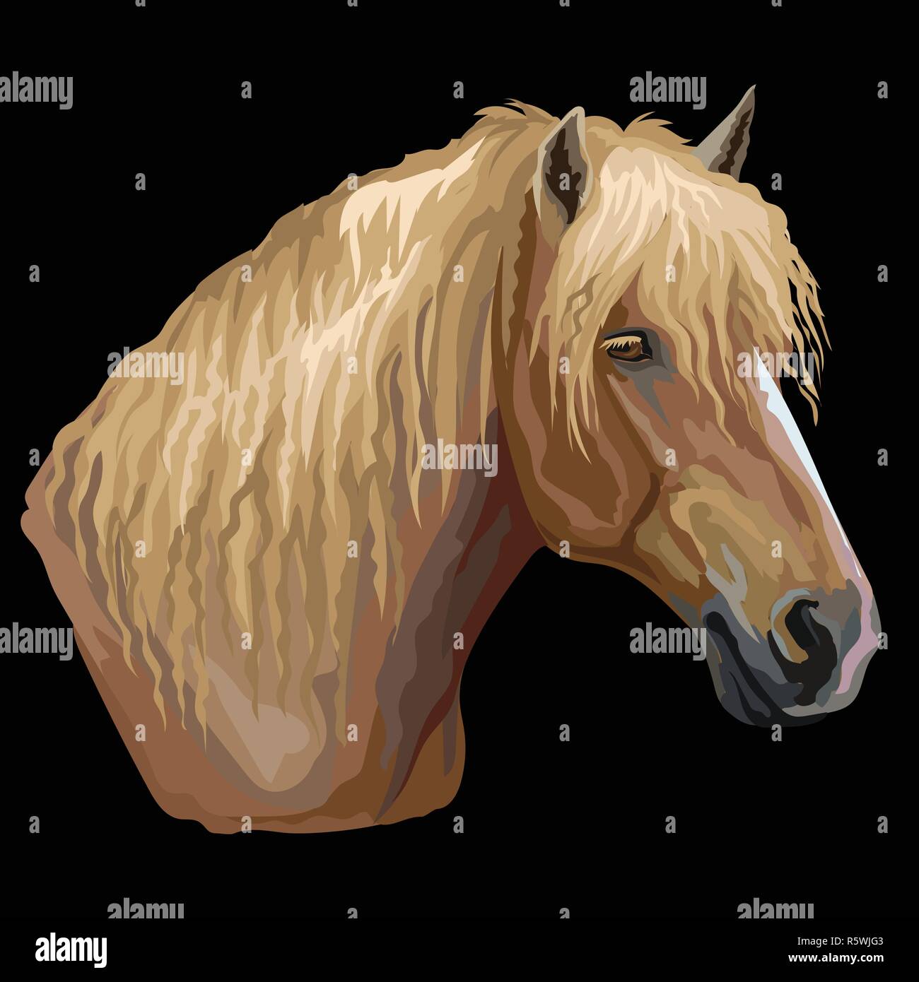 Ritratto colorato di russo di trazione pesante cavallo. Testa di cavallo in profilo vettore isolato del disegno a mano immagine su sfondo nero Illustrazione Vettoriale