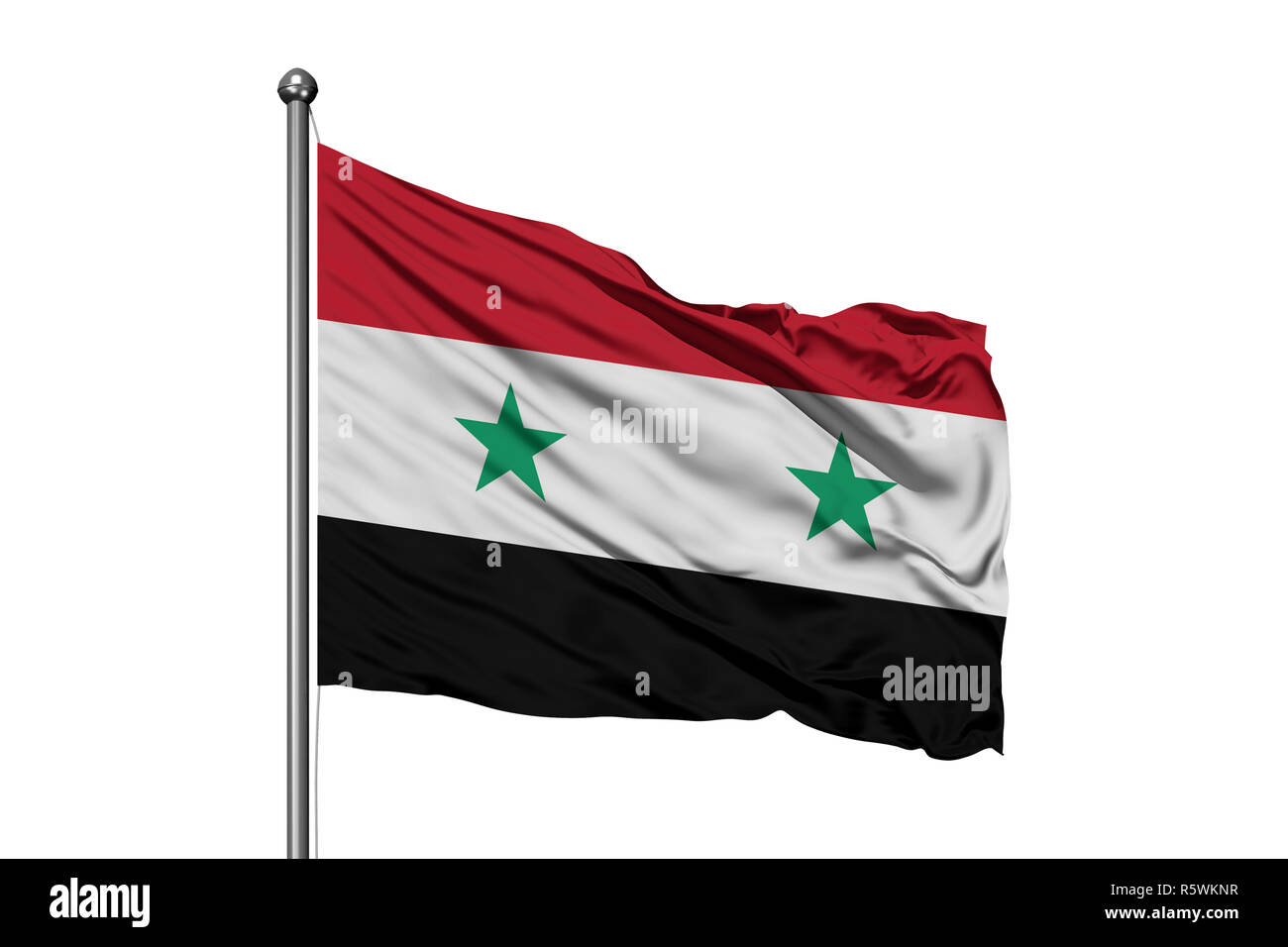 Bandiera della Siria sventolare nel vento, isolato sullo sfondo bianco. Bandiera siriana. Foto Stock
