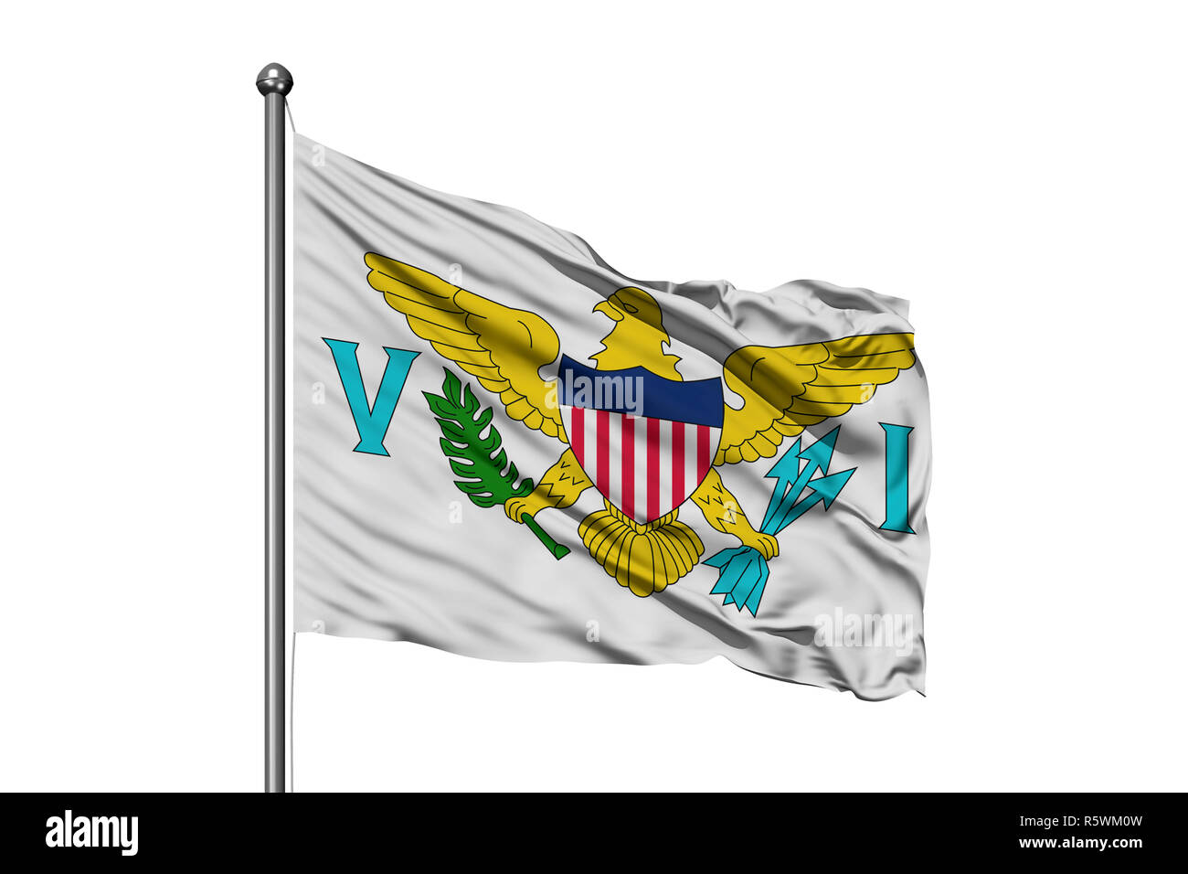 Bandiera delle Isole Vergini degli Stati Uniti sventolare nel vento, isolato sullo sfondo bianco. Foto Stock