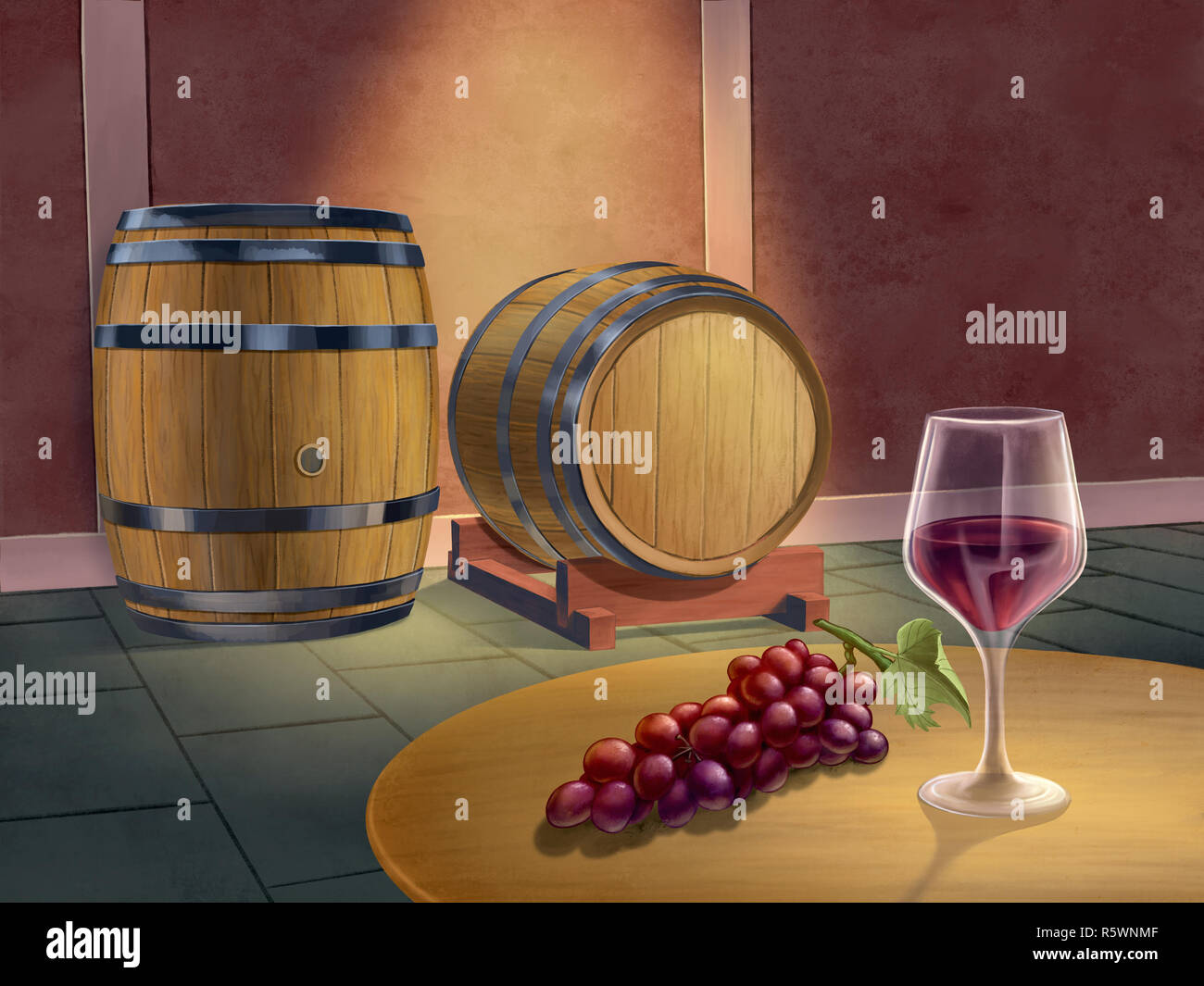 Vino rosso cantina con alcuni barili, un wineglass e alcune uve. La pittura digitale. Foto Stock