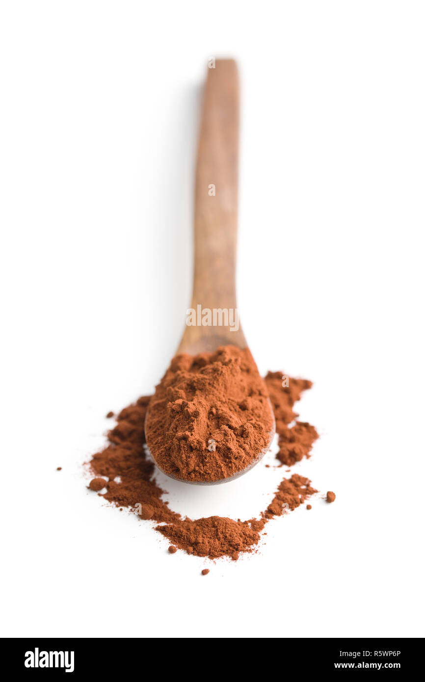 Gustoso cacao in polvere in cucchiaio di legno. Foto Stock
