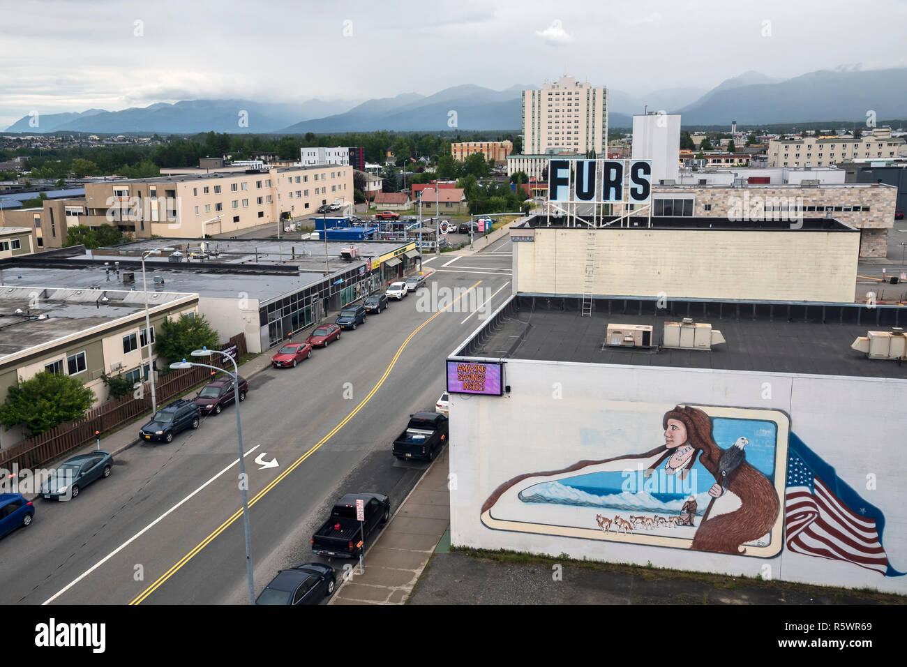 Vista superiore del centro cittadino, Anchorage, Alaska, STATI UNITI D'AMERICA Foto Stock