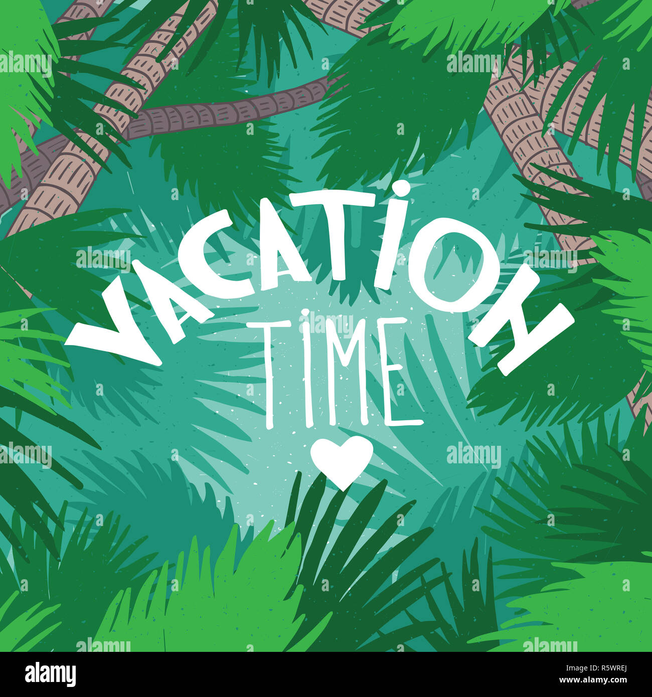 Scheda con palme e scritte in tempo di vacanza Foto Stock