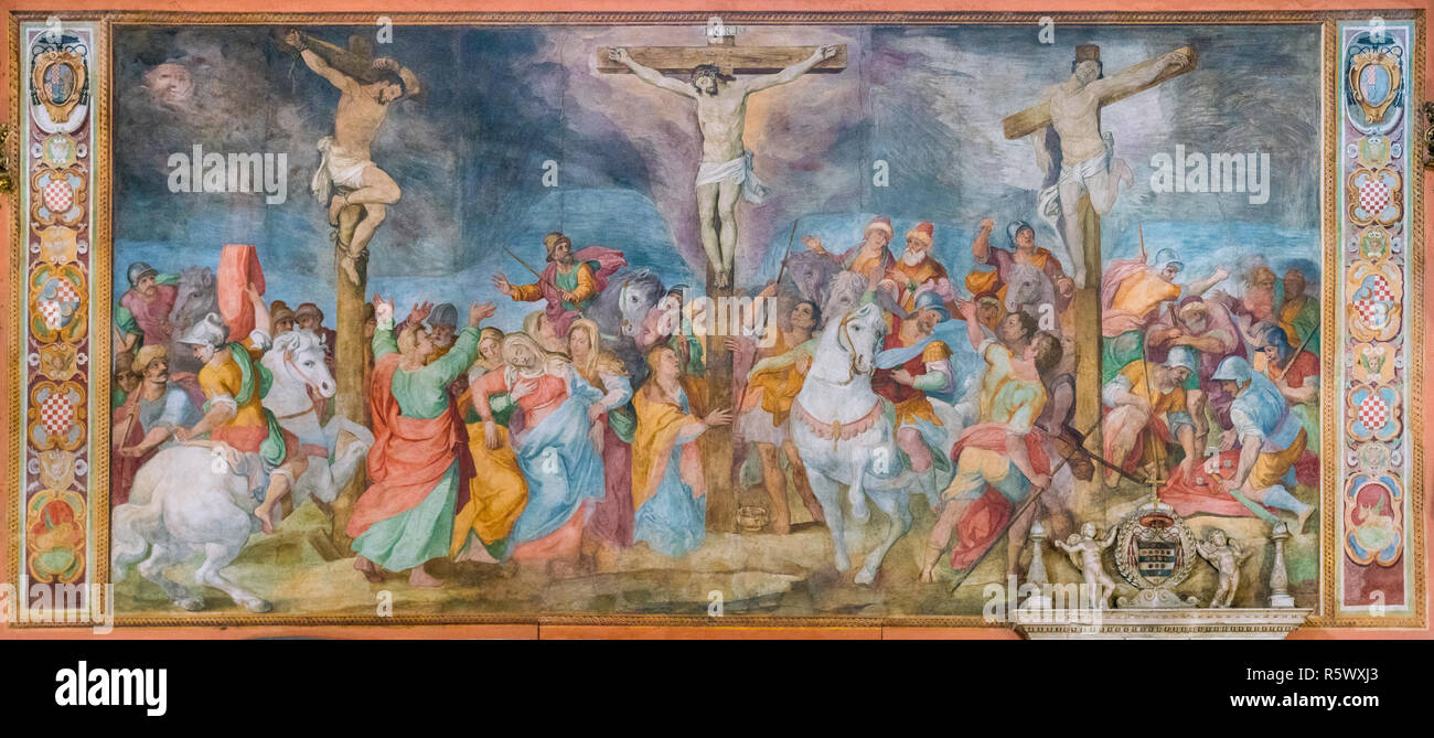 Affresco della crocifissione di Giovanni Battista Ricci nella chiesa di San Marcello al Corso. Roma, Italia. Foto Stock