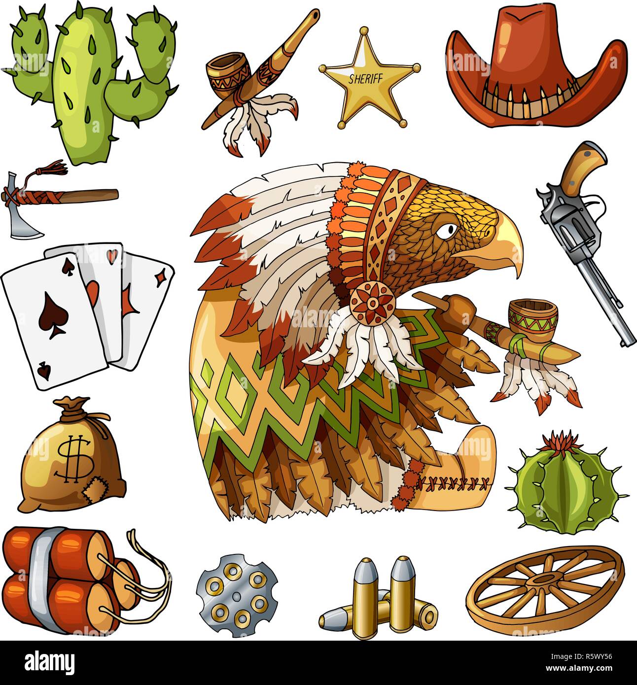 Personaggio dei fumetti American Eagle con set di western classico design di elementi di stampa Illustrazione Vettoriale