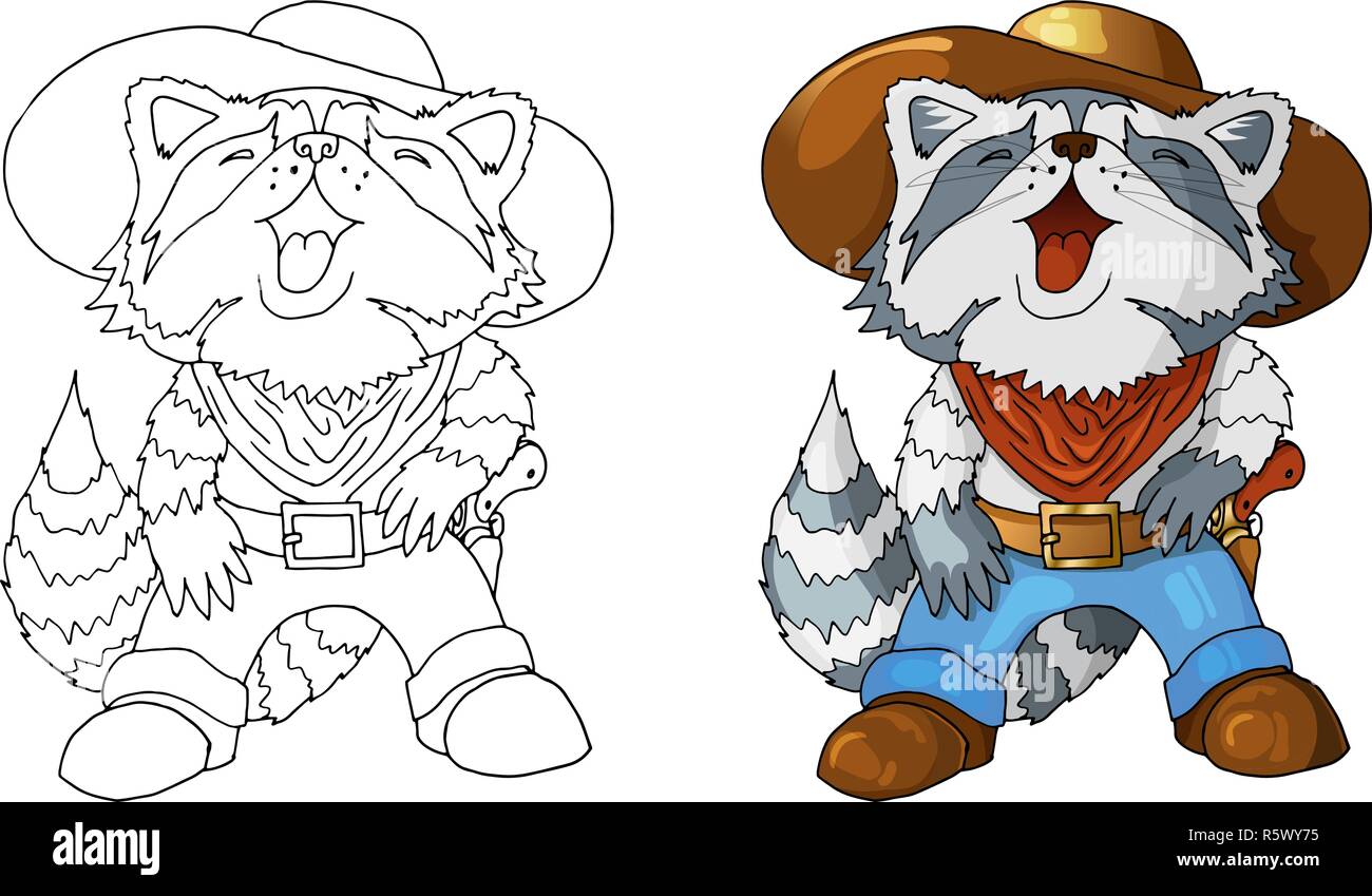 Unico personaggio dei cartoni animati cowboy americano di ridere procione colorazione isolato Illustrazione Vettoriale