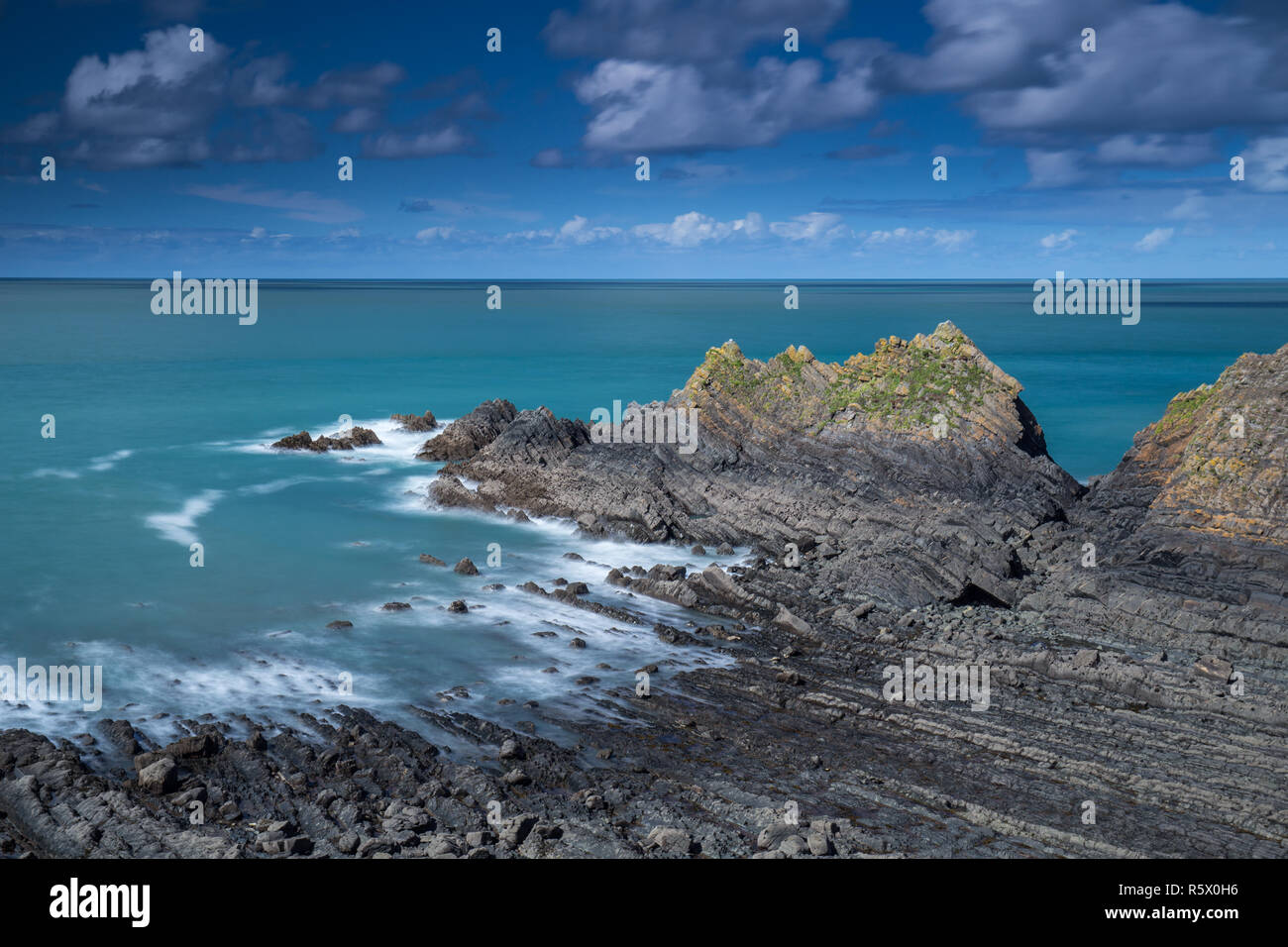 Bella e resistente da North Devon costa al Hartland Quay lungo la costa sud occidentale il percorso Foto Stock