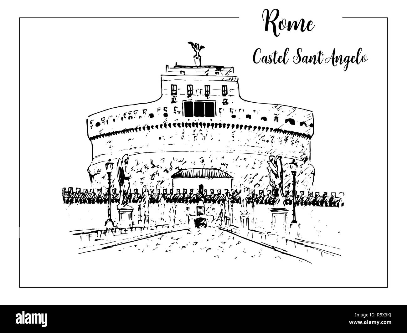 Paesaggio urbano di Roma. Castel Sant'Angelo skyline. simbolo architettonico. Bella disegnati a mano disegno vettoriale illustrazione. L'Italia. Foto Stock
