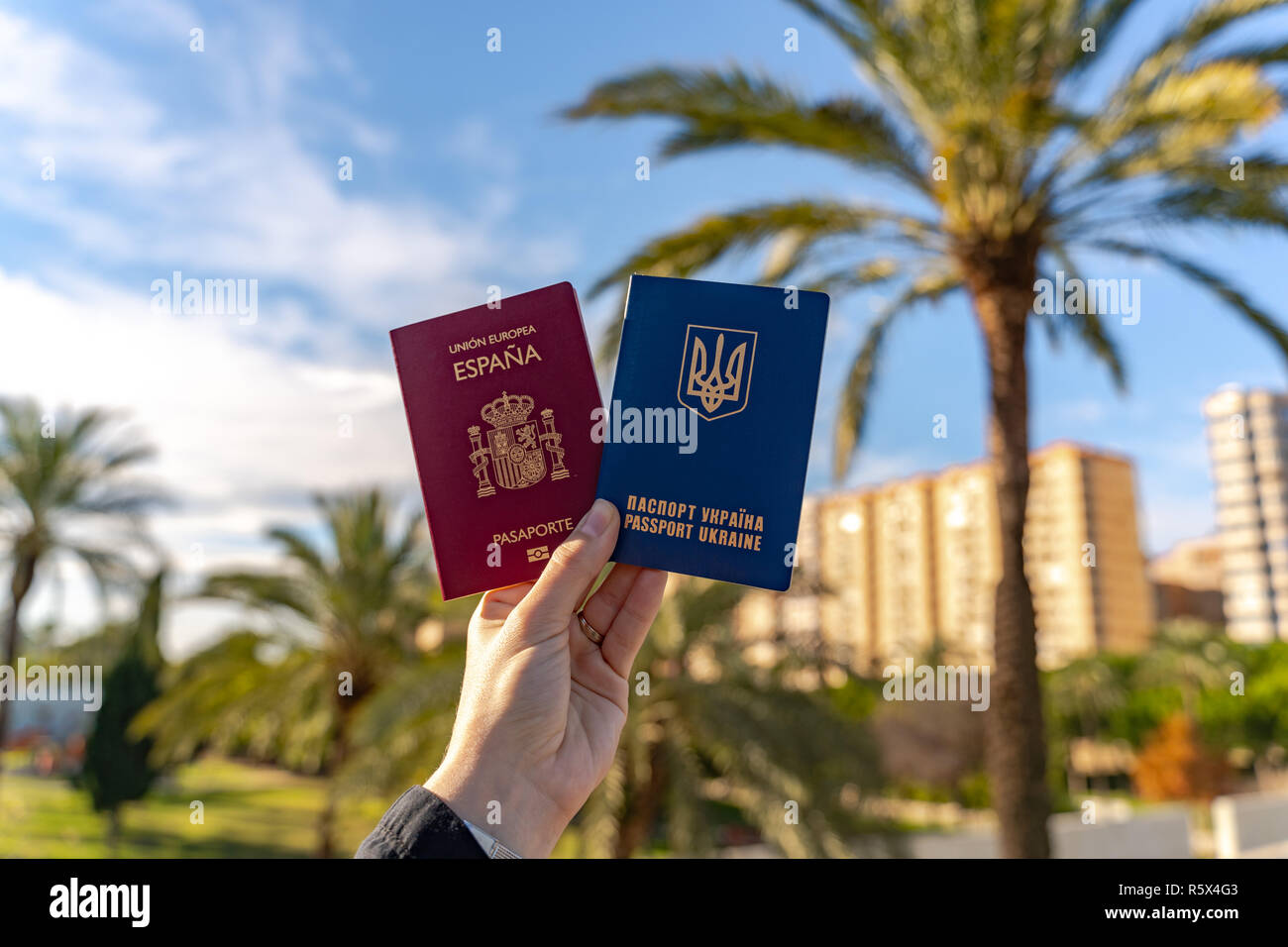 Giovane donna tenendo entrambi spagnoli e ucraino passaporti di viaggio. Big Palm tree sullo sfondo. Blue skyes. La doppia cittadinanza. Il matrimonio. Foto Stock