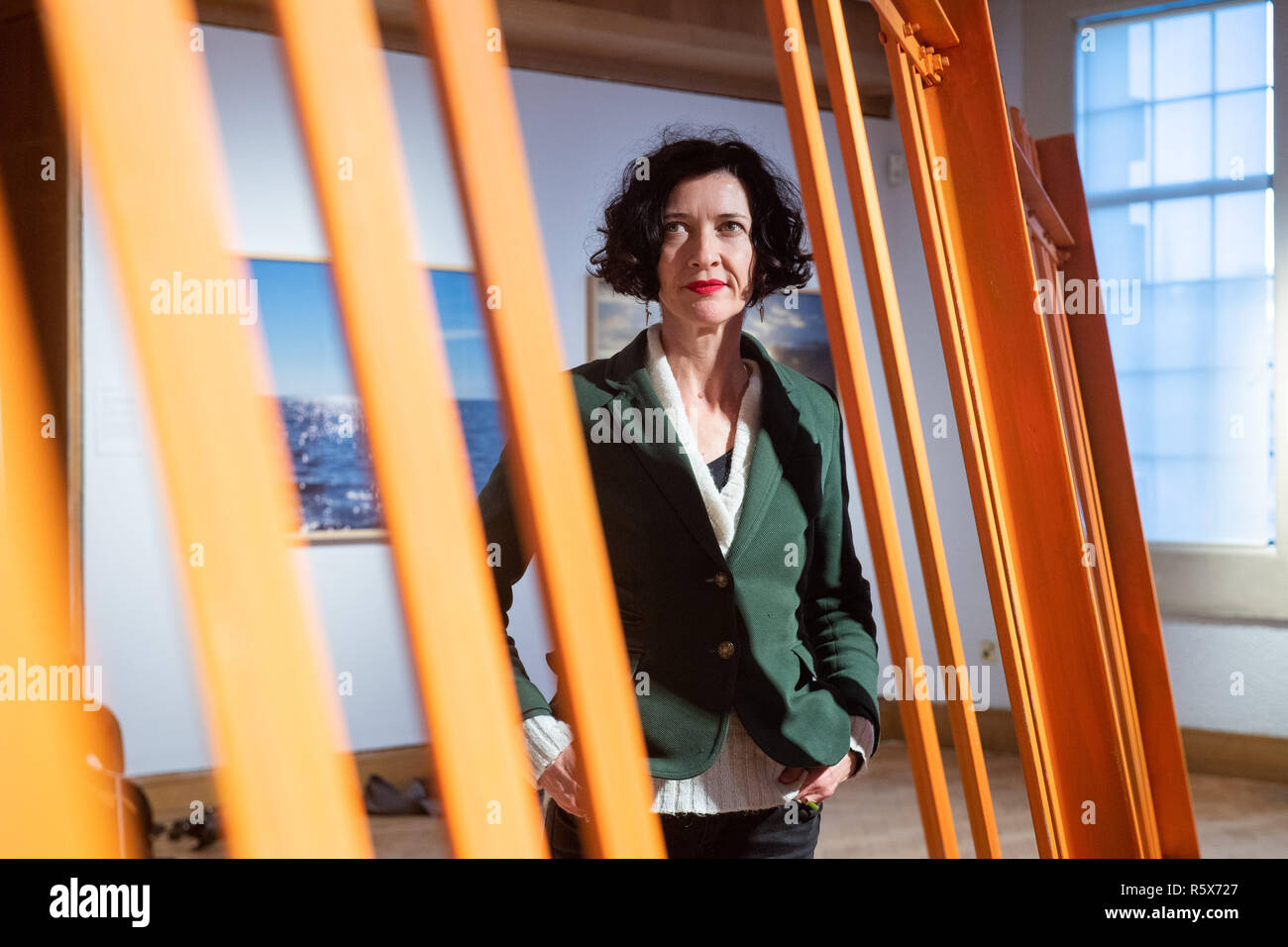 Un altro paese - artisti contemporanei in materia di immigrazione si apre a City Art Centre raffigurato curatore Elaine Rutherford con palizzata (sicurezza arancione) da a Foto Stock