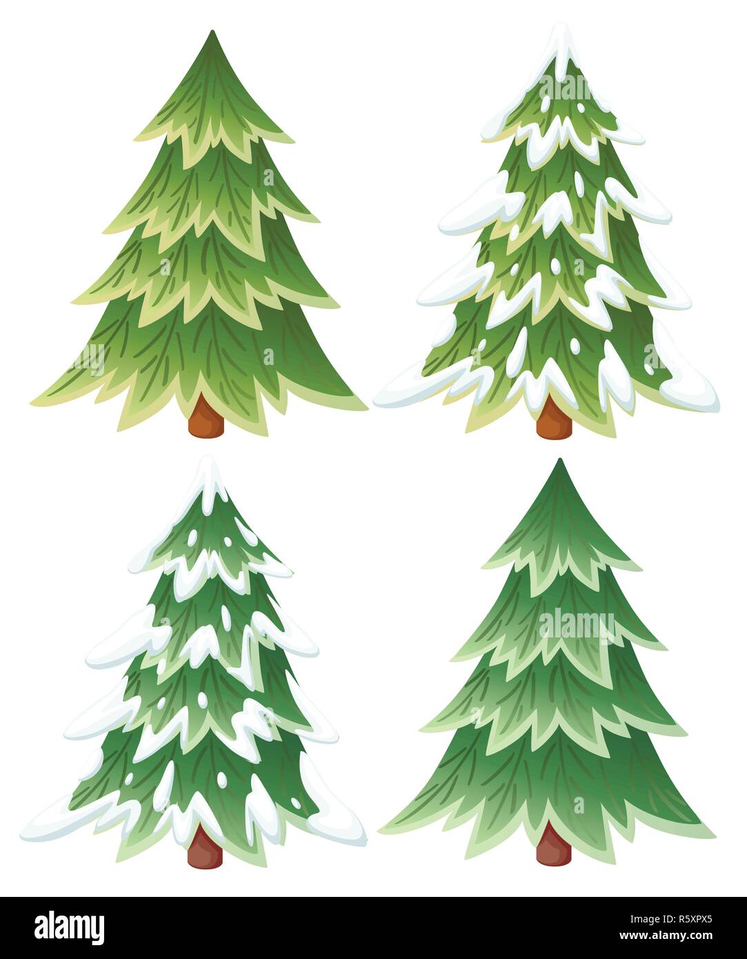 Raccolta di verde abete rosso. Evergreen stile piatto. Albero di natale nella neve. Illustrazione di vettore isolato su sfondo bianco. Illustrazione Vettoriale