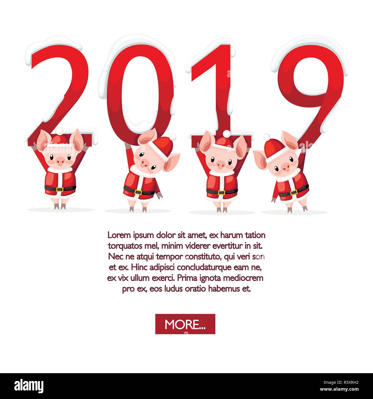 Quattro suini carini in Christmas santa costume holding 2019. I numeri nella neve. Cartoon character design. Rosa mascotte di animale. Appartamento illustrazione vettoriale su Illustrazione Vettoriale