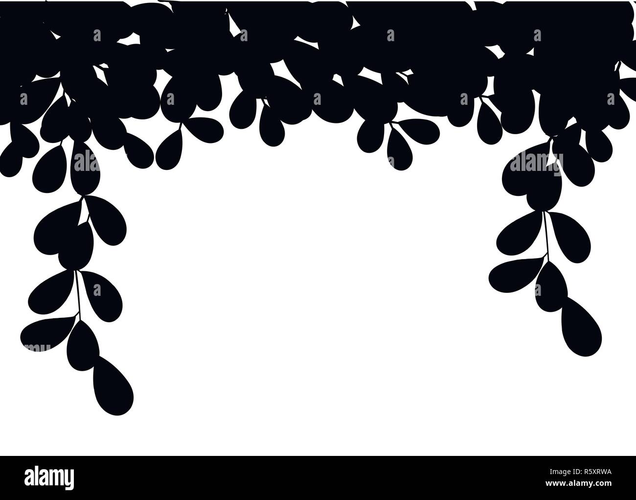 Silhouette nera. Appendere vitigni di arrampicata con foglie. Foglie piatte a penzoloni. Motivo floreale. Illustrazione Vettoriale su sfondo bianco. Illustrazione Vettoriale