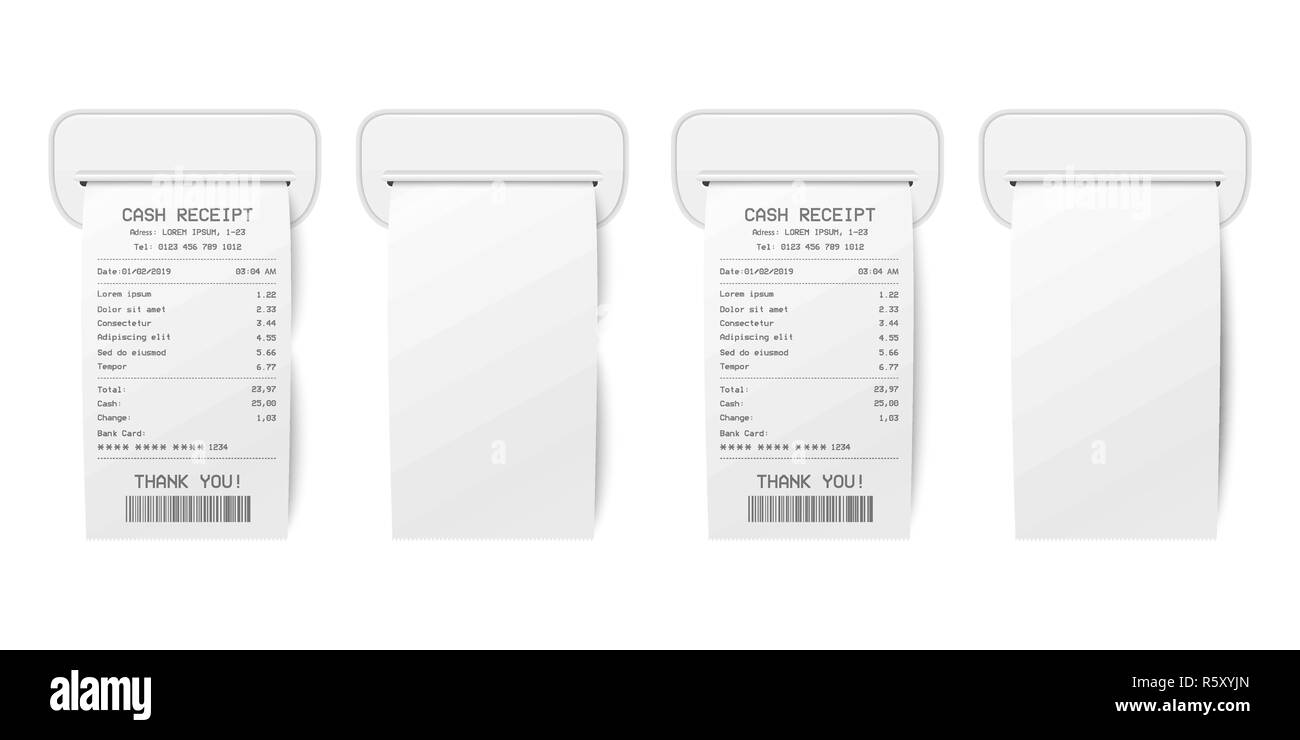 Vector realistiche in 3d carta stampata negozio di vendita ricevuta insieme con il codice a barre Closeup isolati su sfondo bianco. Modello di progetto di Bill ATM, ricevimento record, carta di controllo finanziario per mockup. Vista superiore Illustrazione Vettoriale