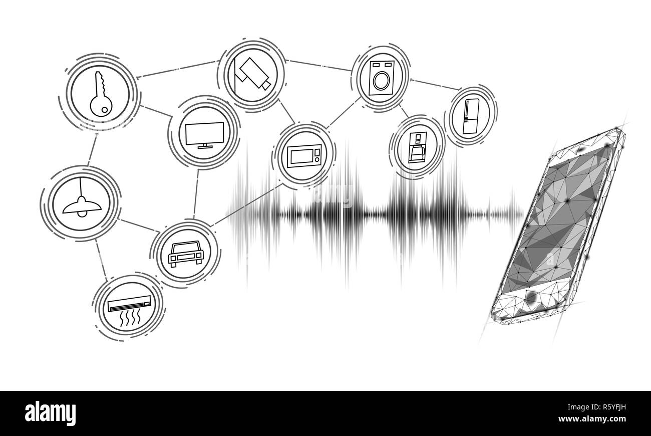 Assistente vocale smart home control. Internet delle cose icona tecnologia innovazione concetto. Rete wireless dello smartphone soundwave IOT TIC. Intelligenza artificiale intelligenza artificiale di automazione illustrazione vettoriale Illustrazione Vettoriale