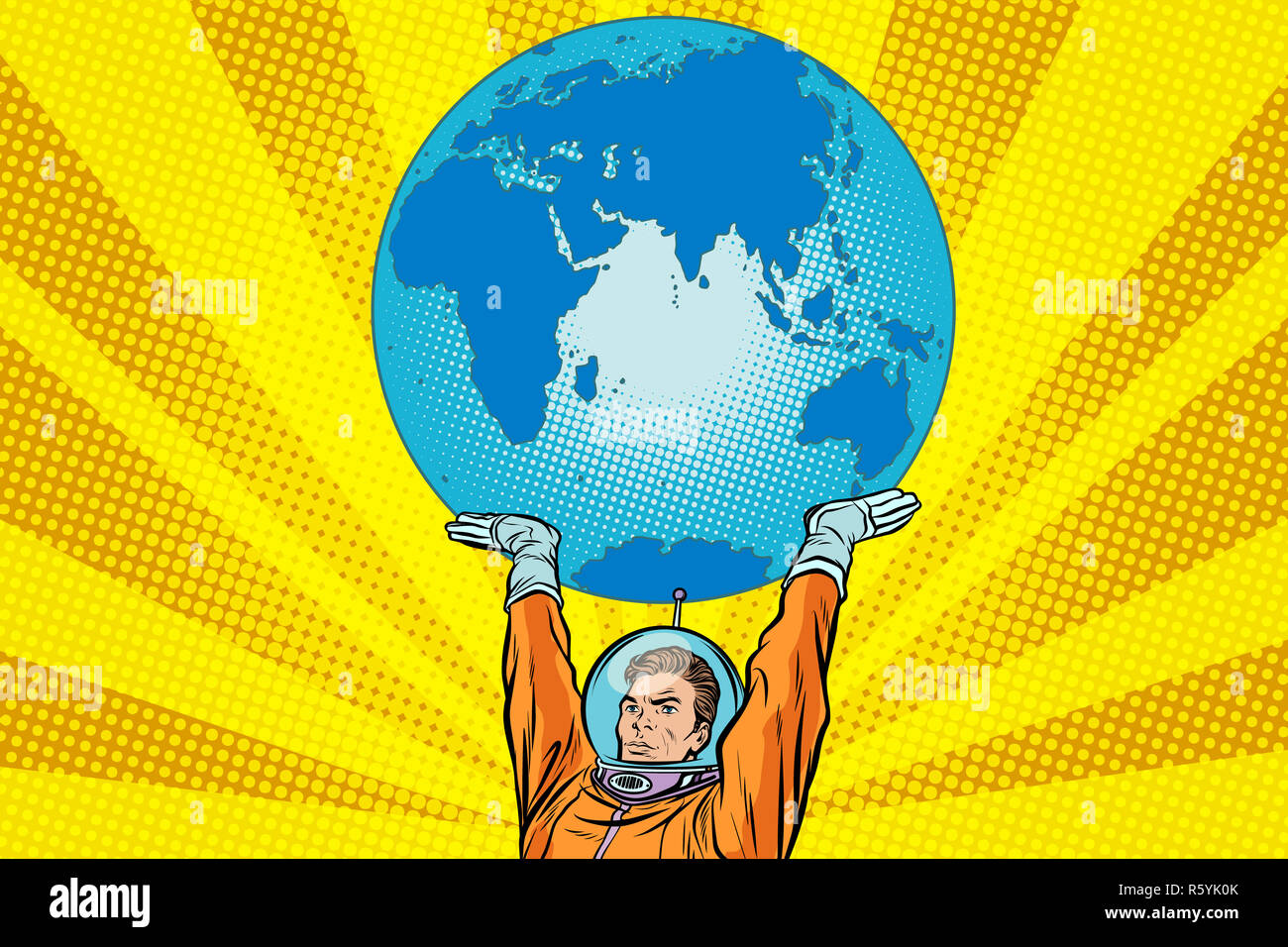 Retrò astronauta è premuto il pianeta Terra Foto Stock