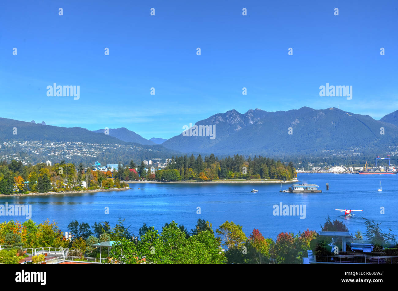 Vista del centro cittadino di Vancouver Harbor in Vancouver, British Columbia, Canada Foto Stock