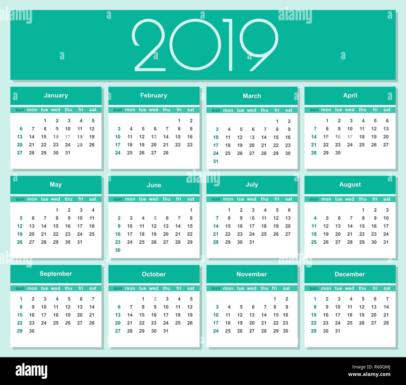 Calendario per il 2019 sfondo verde. Semplice template vettoriale. Illustrazione isolato. Illustrazione Vettoriale