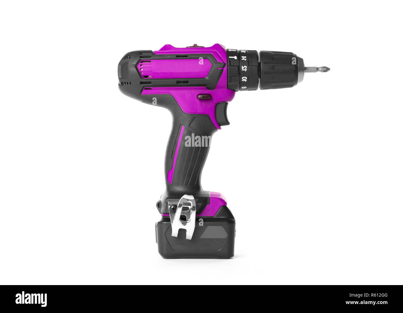 Giraviti a batteria o il trapano elettrico isolato su uno sfondo bianco Foto Stock