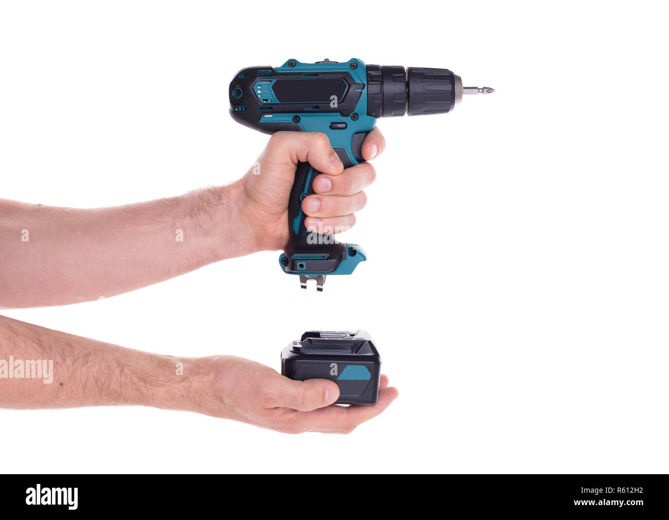 Giraviti a batteria o alimentazione di trapanare isolata su uno sfondo nero Foto Stock